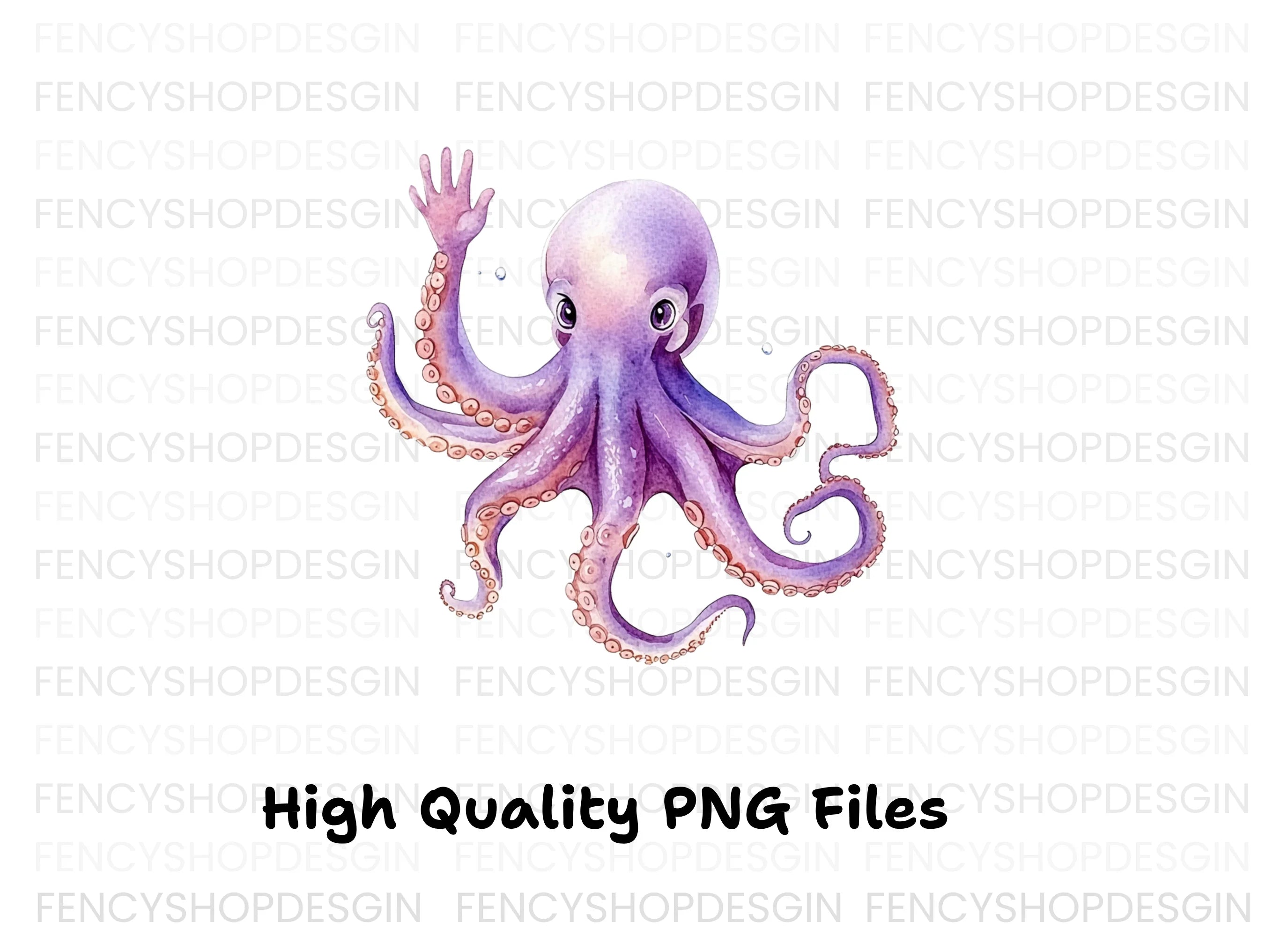 Cute Purple Octopus Waving Clipart Bundle
