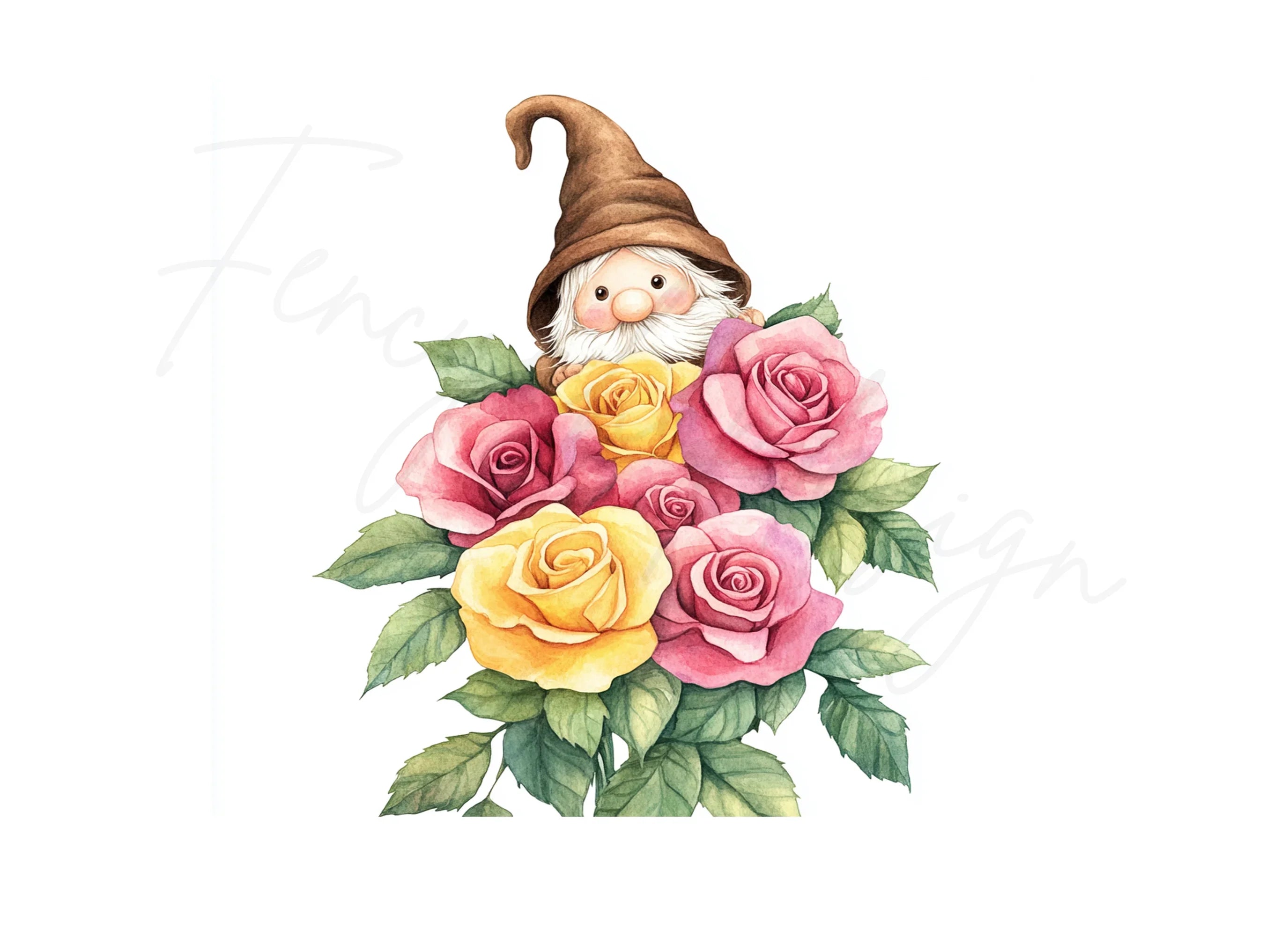 Cute Gnome with Rose Bouquet Clipart Bundle