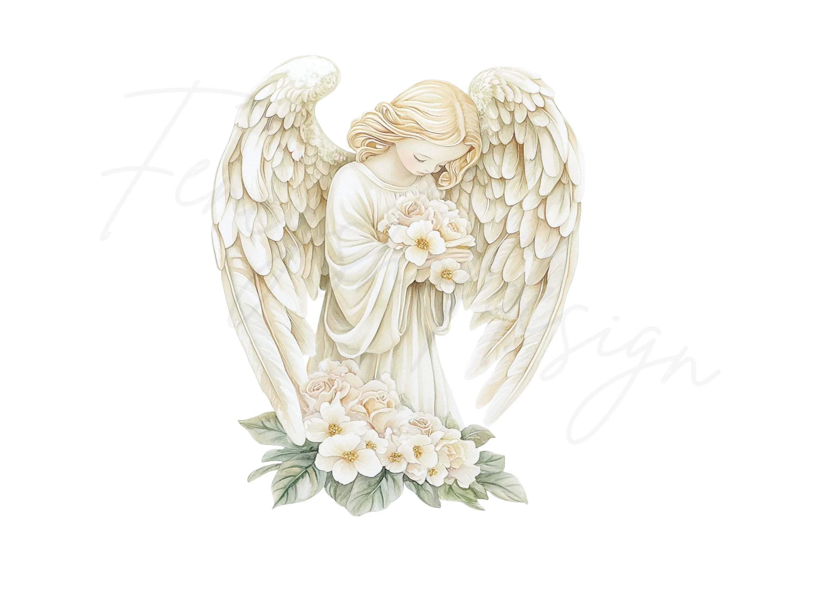 Graceful Angel with Rose Bouquet Clipart Bundle