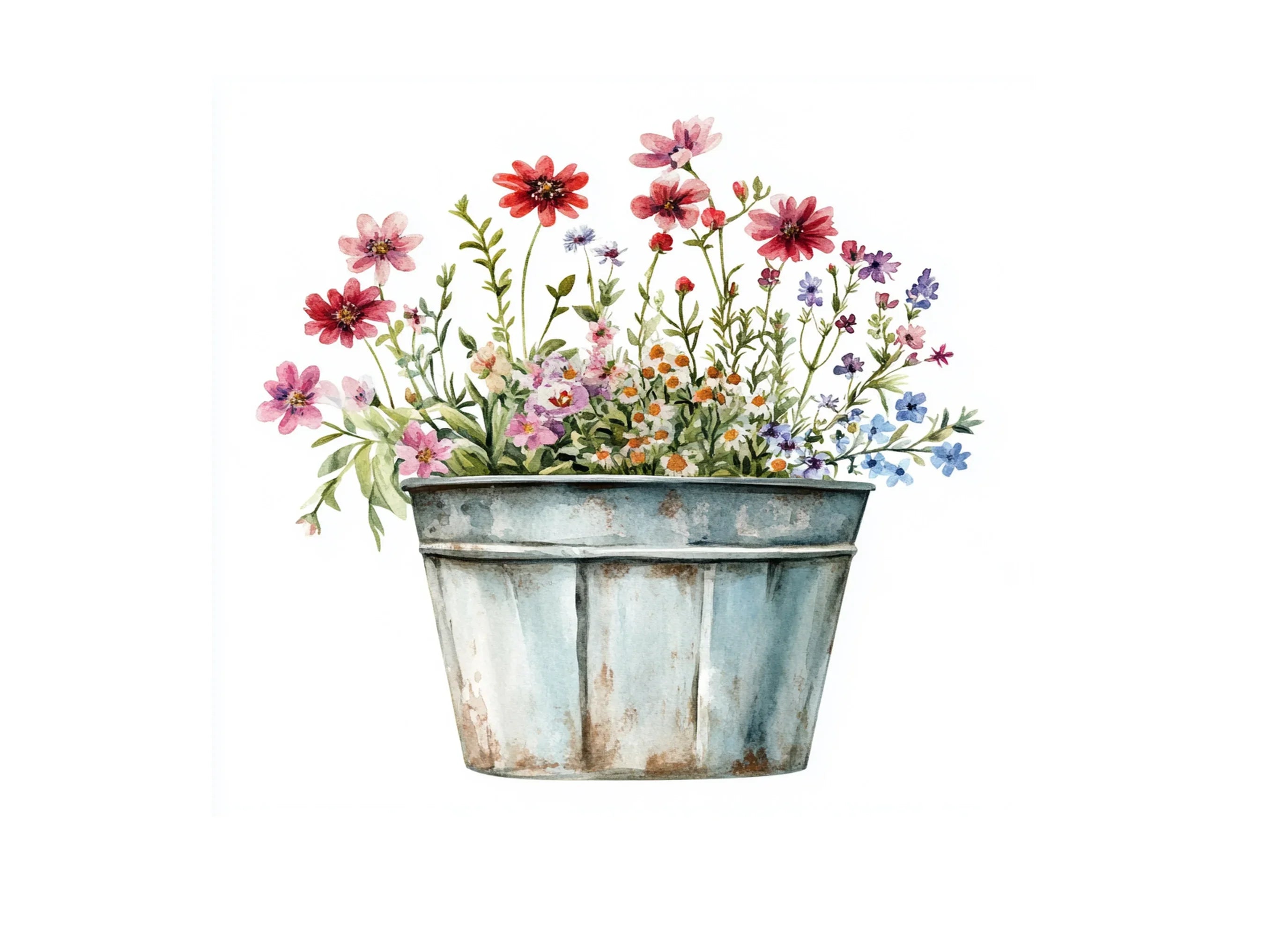 Wildflower Arrangement in Galvanized Bucket Clipart Bundle