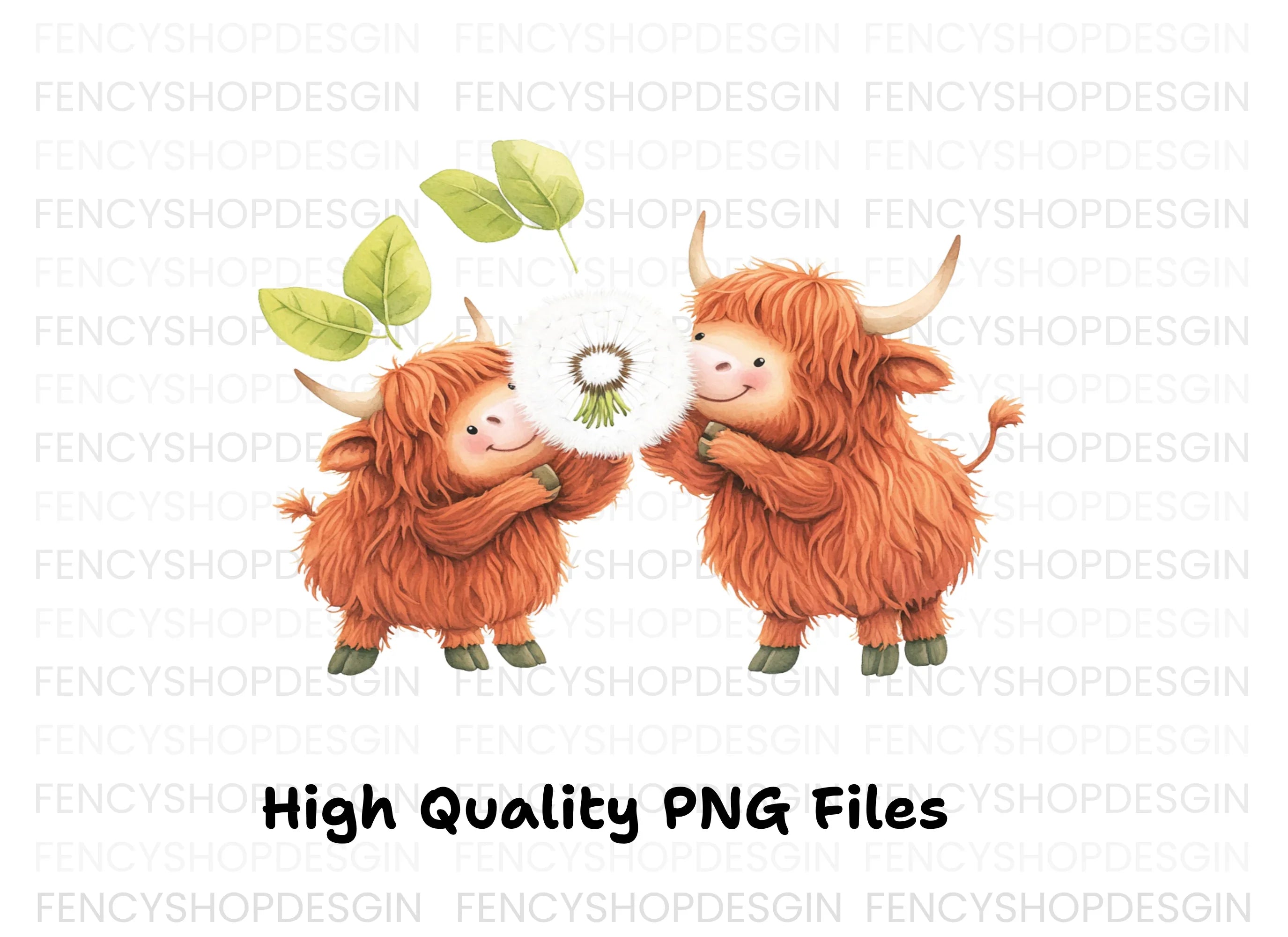 Cute Highland Cows with Dandelion Clipart Bundle