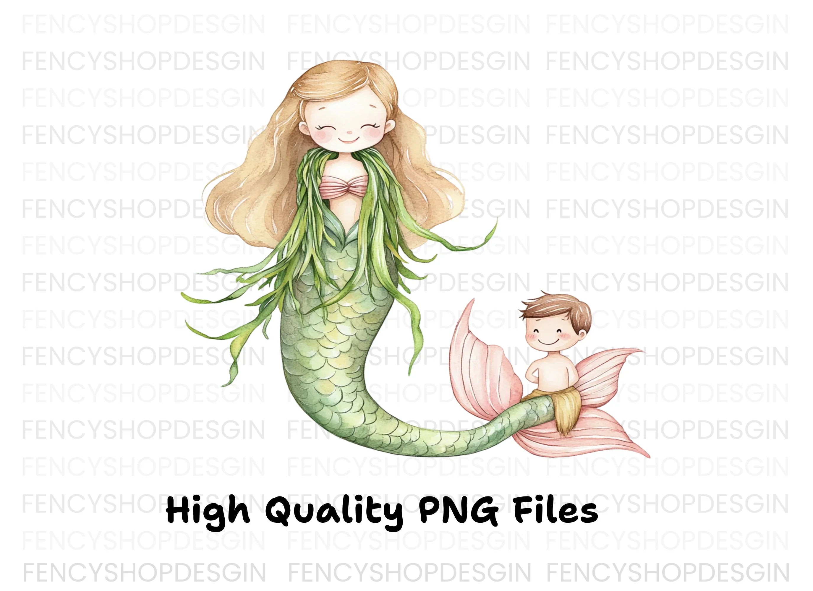 Green Mermaids and Human Kids Clipart Bundle