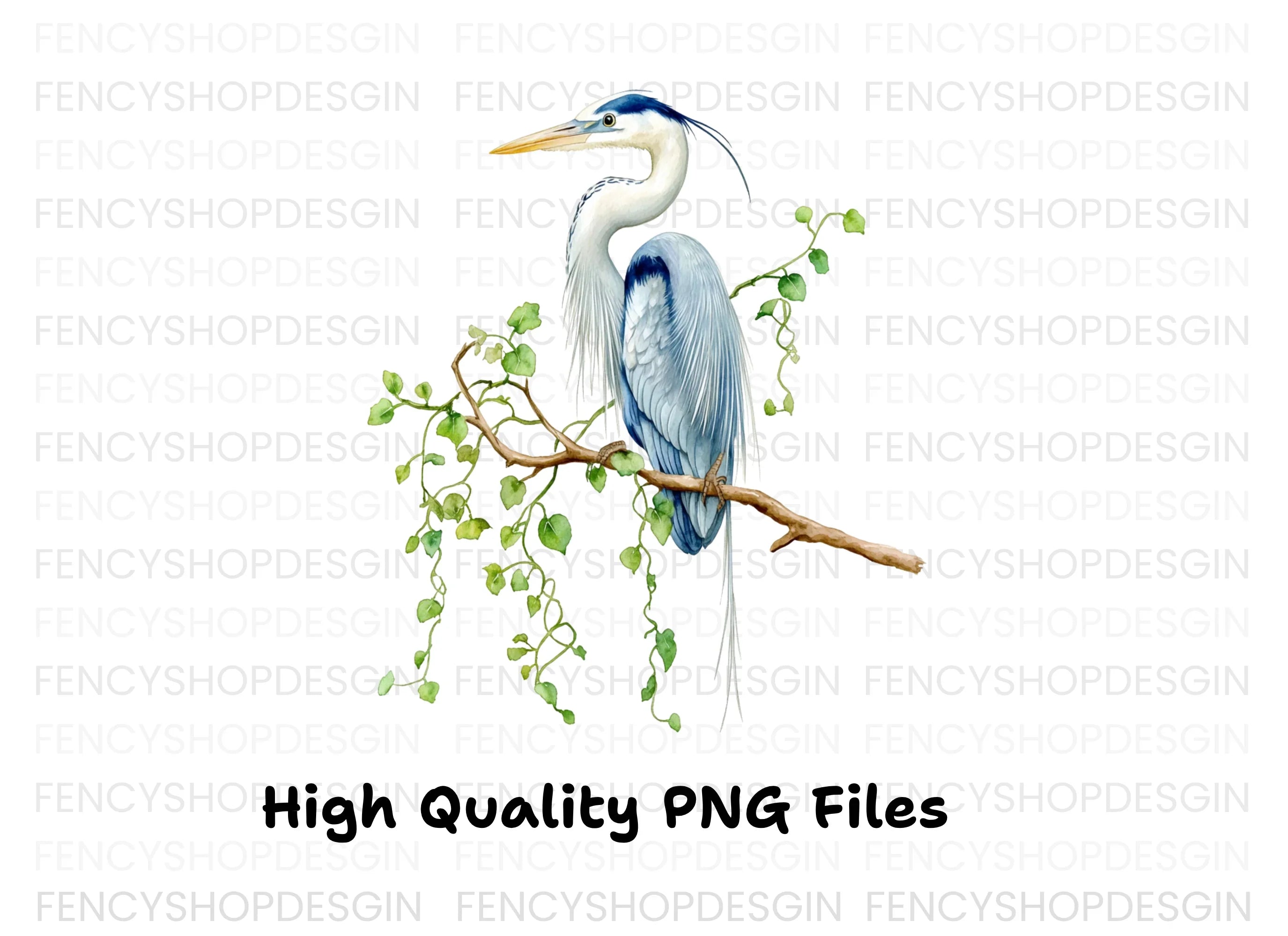 Heron on Branch with Green Leaves Clipart Bundle