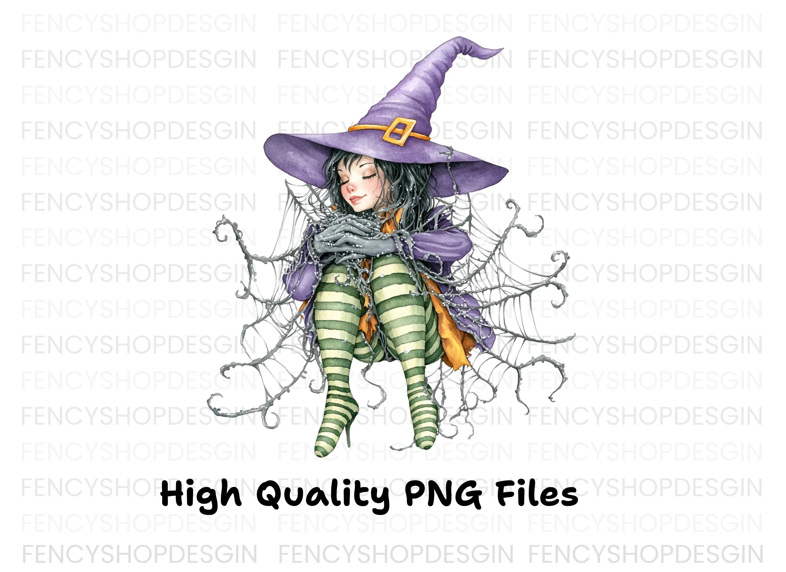 Sleeping Witches in Spiderwebs Clipart Bundle