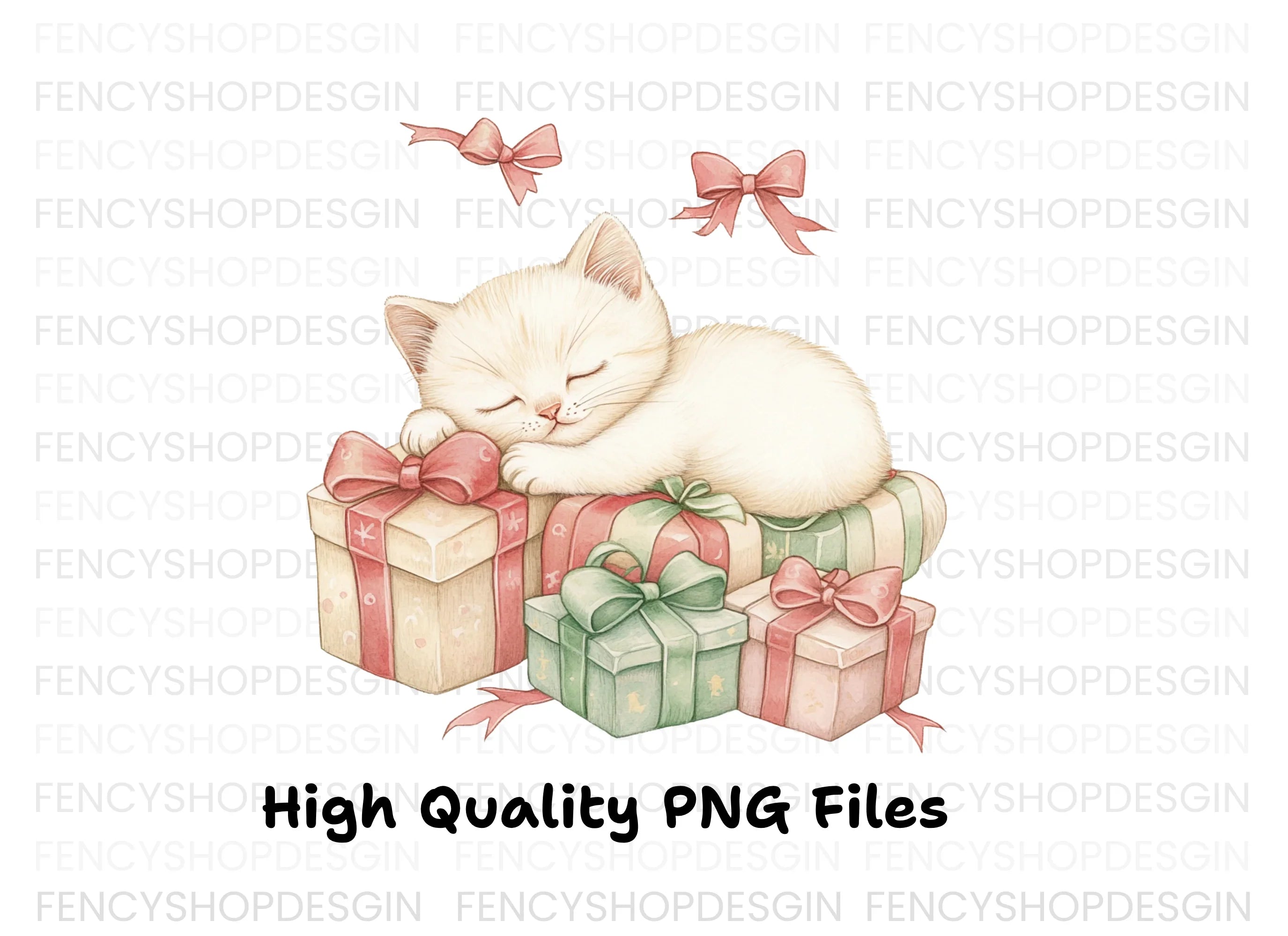 White Kitten Sleeping on Pink Gifts Clipart Bundle