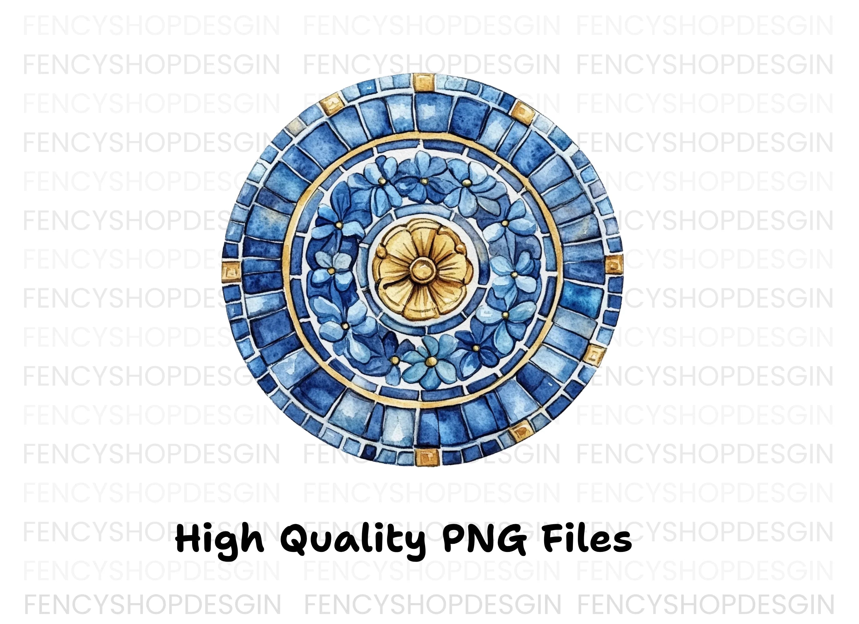 Blue Floral Mosaic Tile Clipart Bundle