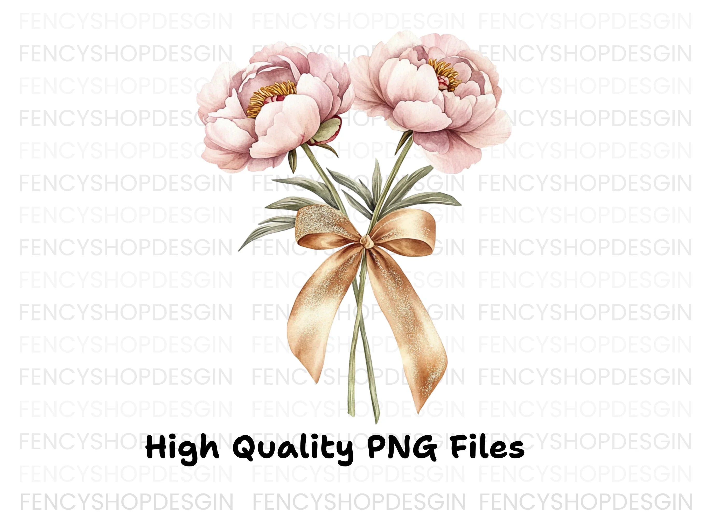 Pink Peony Bouquets with Gold Ribbons Clipart Bundle
