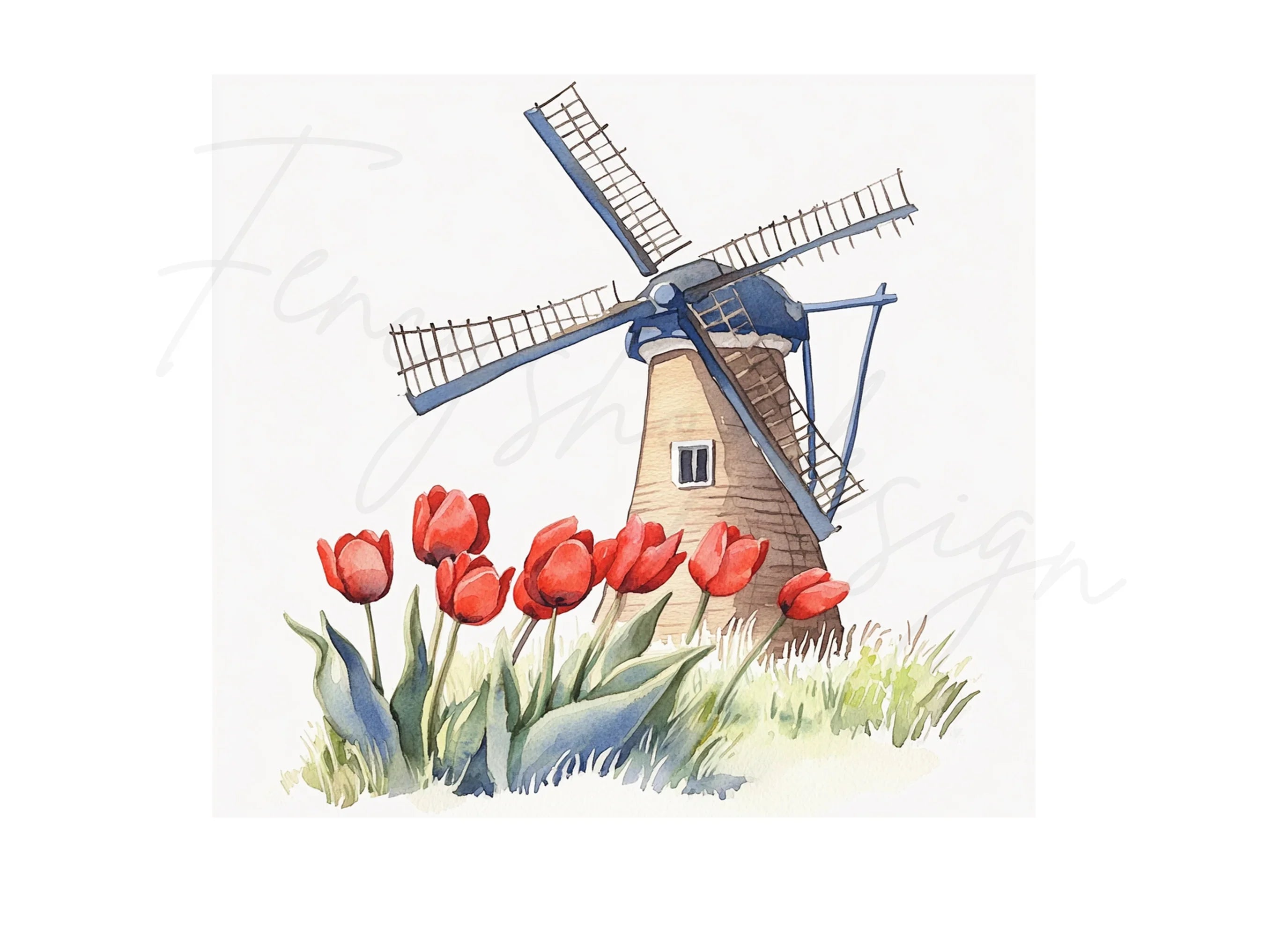 Dutch Windmill and Red Tulips Clipart Bundle
