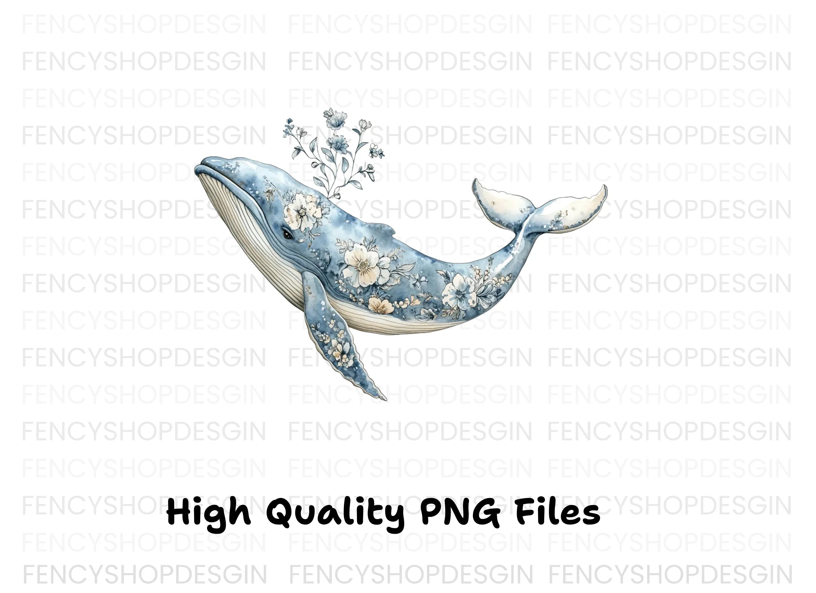Elegant Blue Floral Whale Clipart Bundle