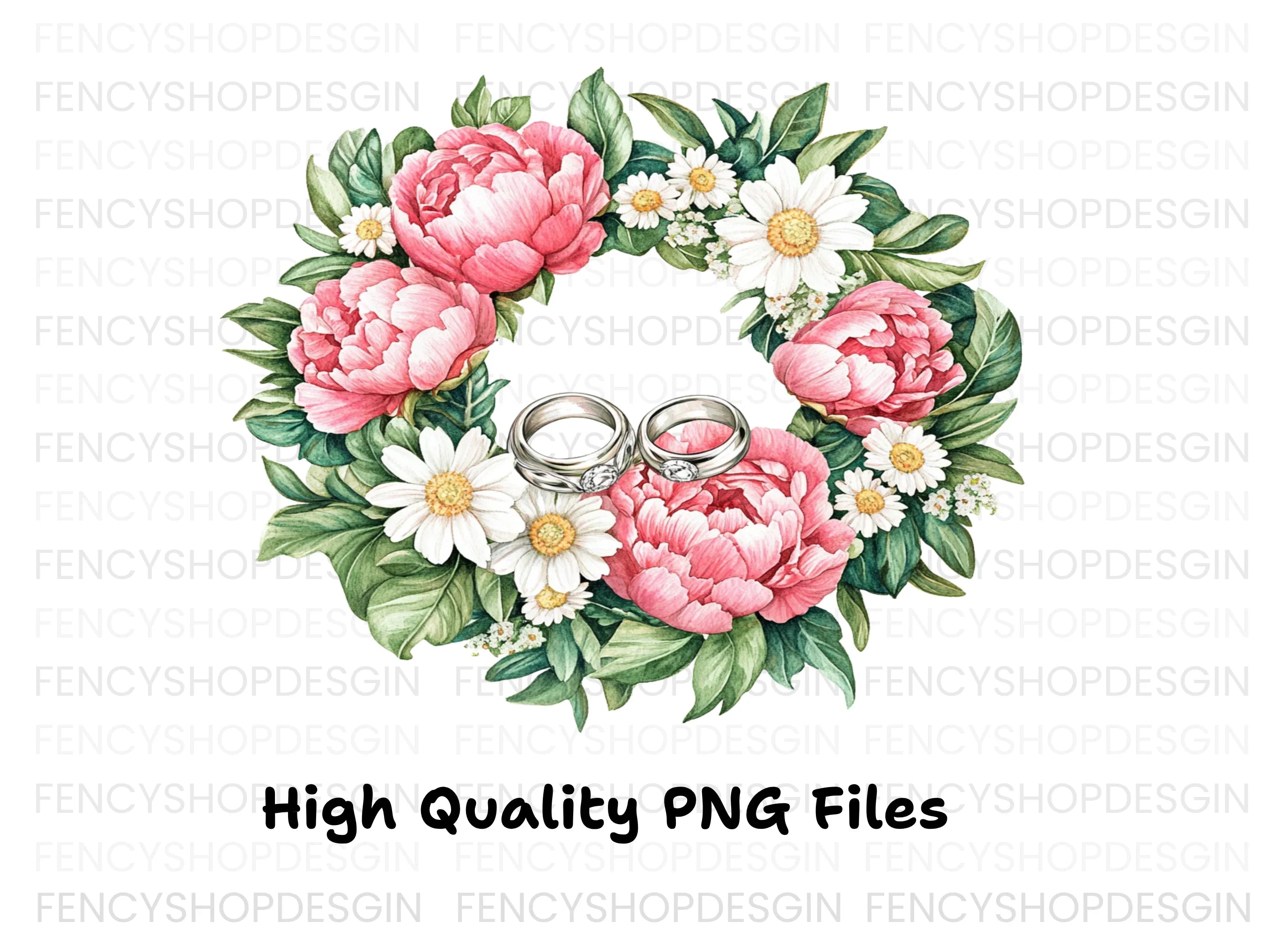 Pink Peony and Daisy Wedding Wreath Clipart Bundle