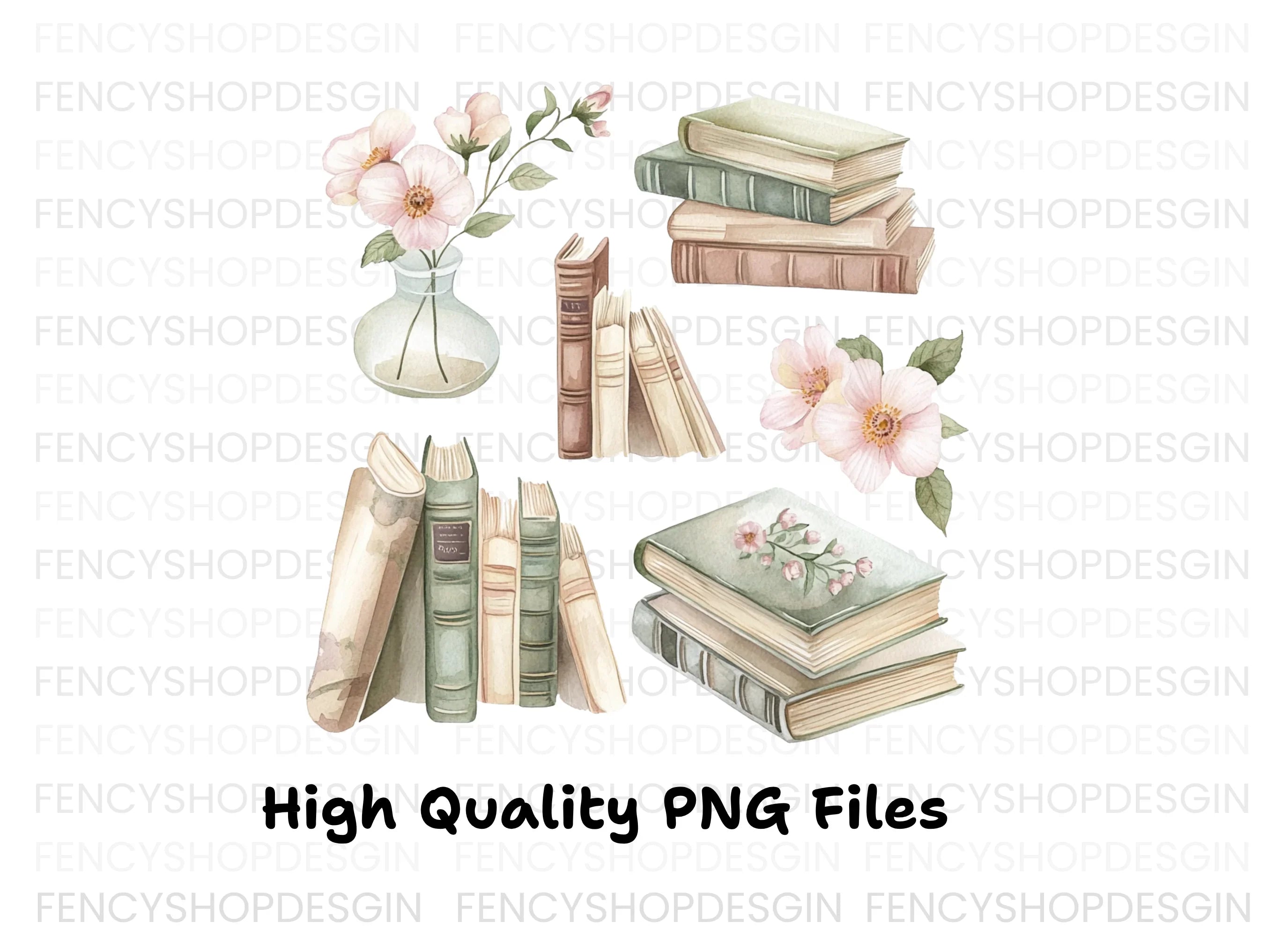 Vintage Books and Flowers Clipart Bundle