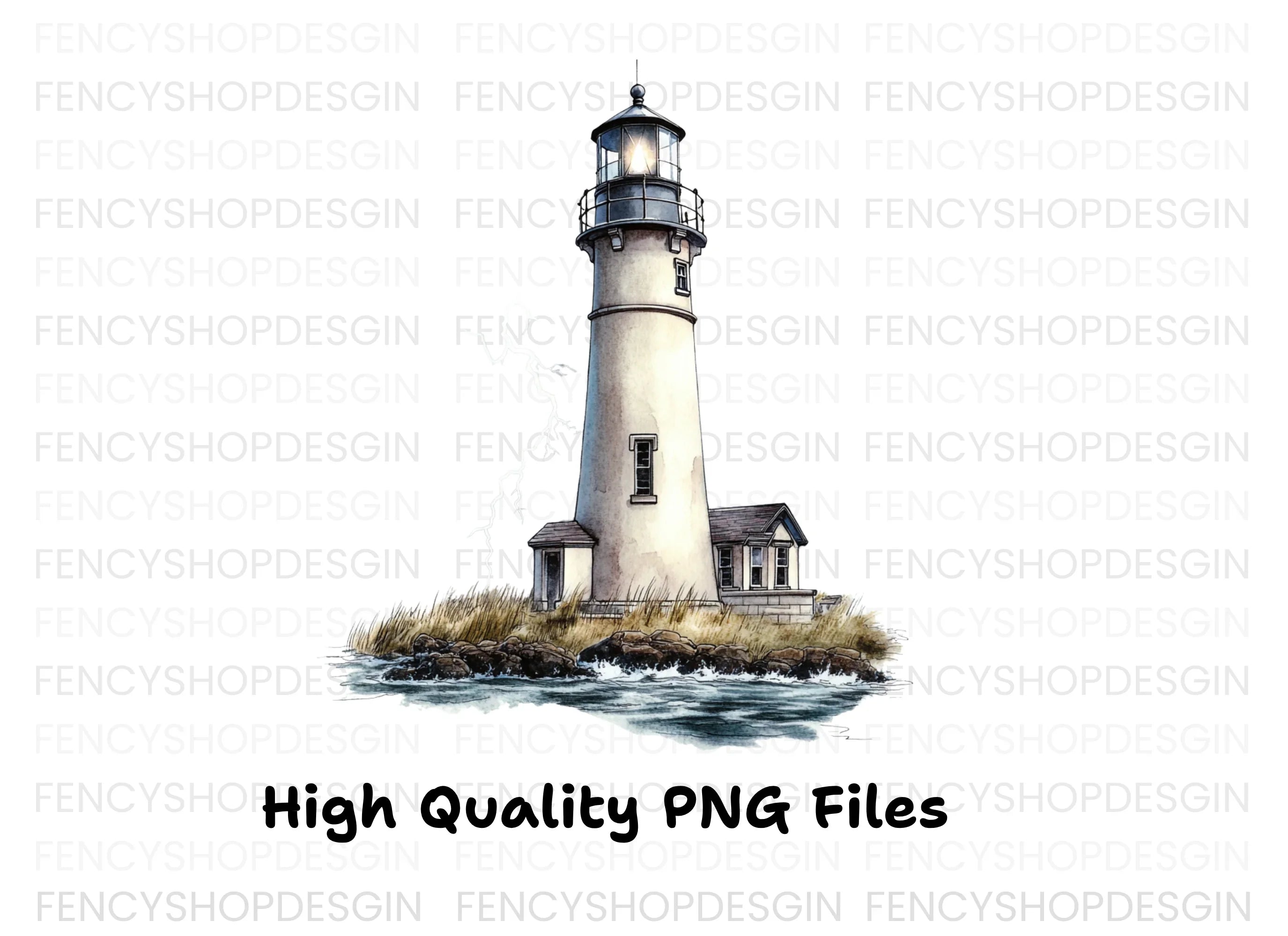 Lighthouse on Rocky Island Clipart Bundle