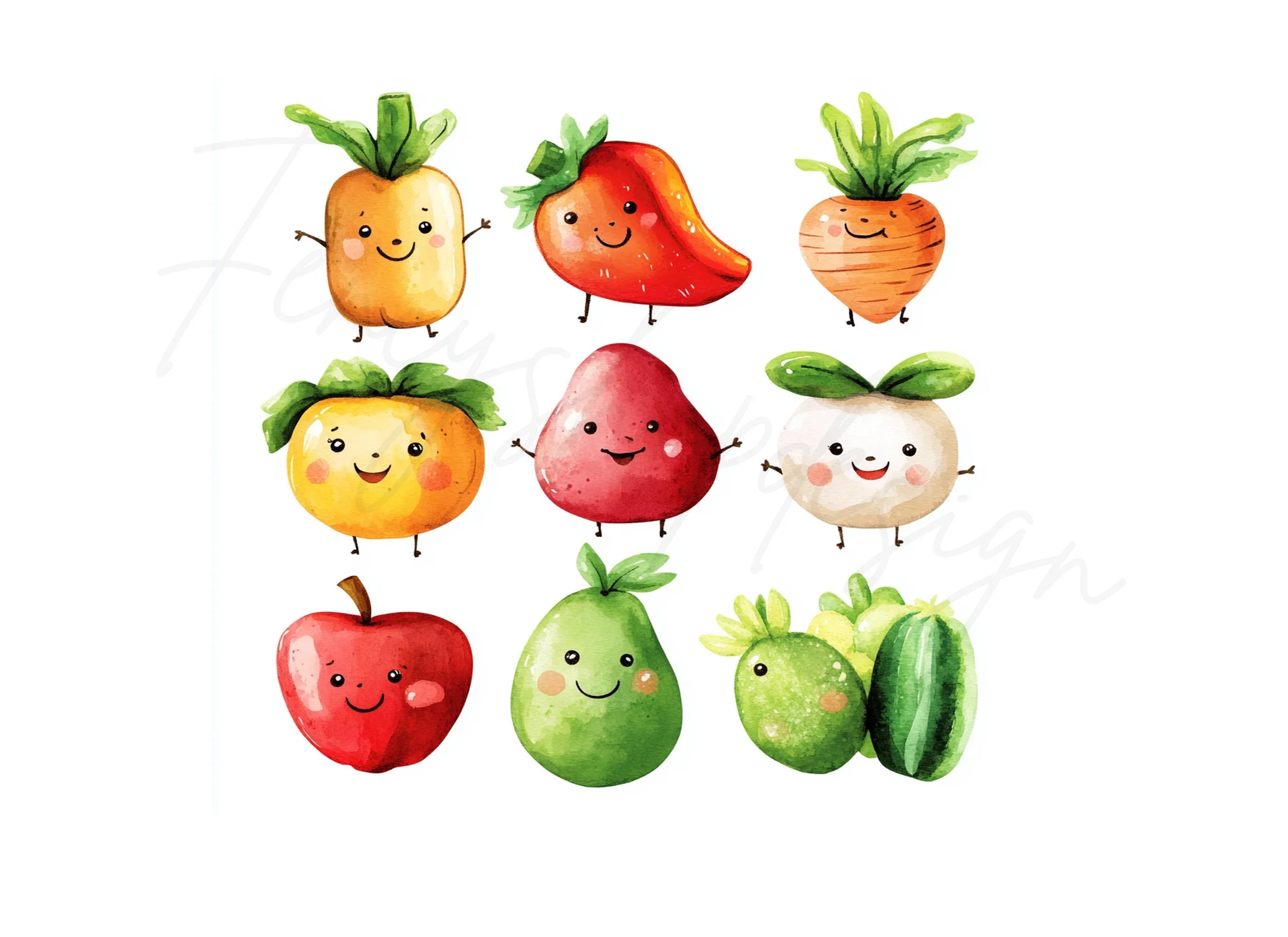 Cute Happy Fruits & Veggies Clipart Bundle