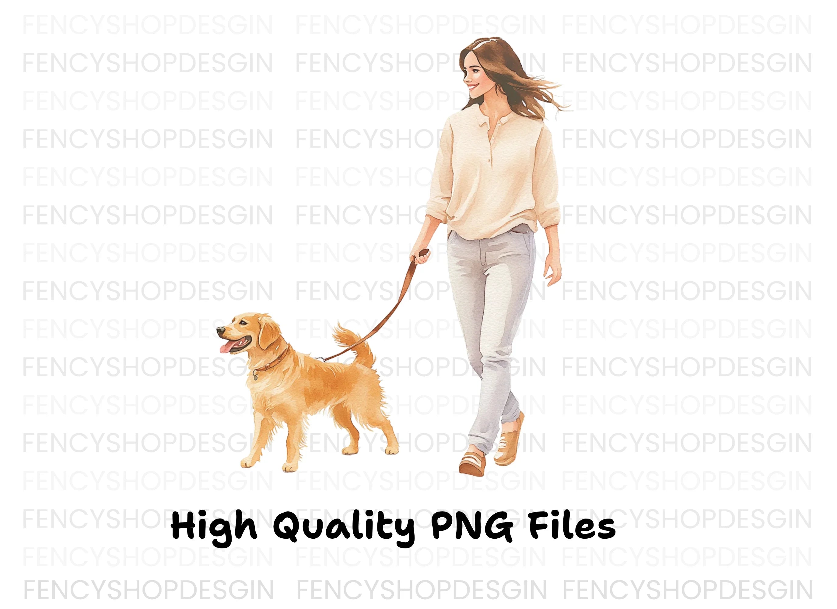 Happy Woman Walking Golden Retriever Clipart Bundle