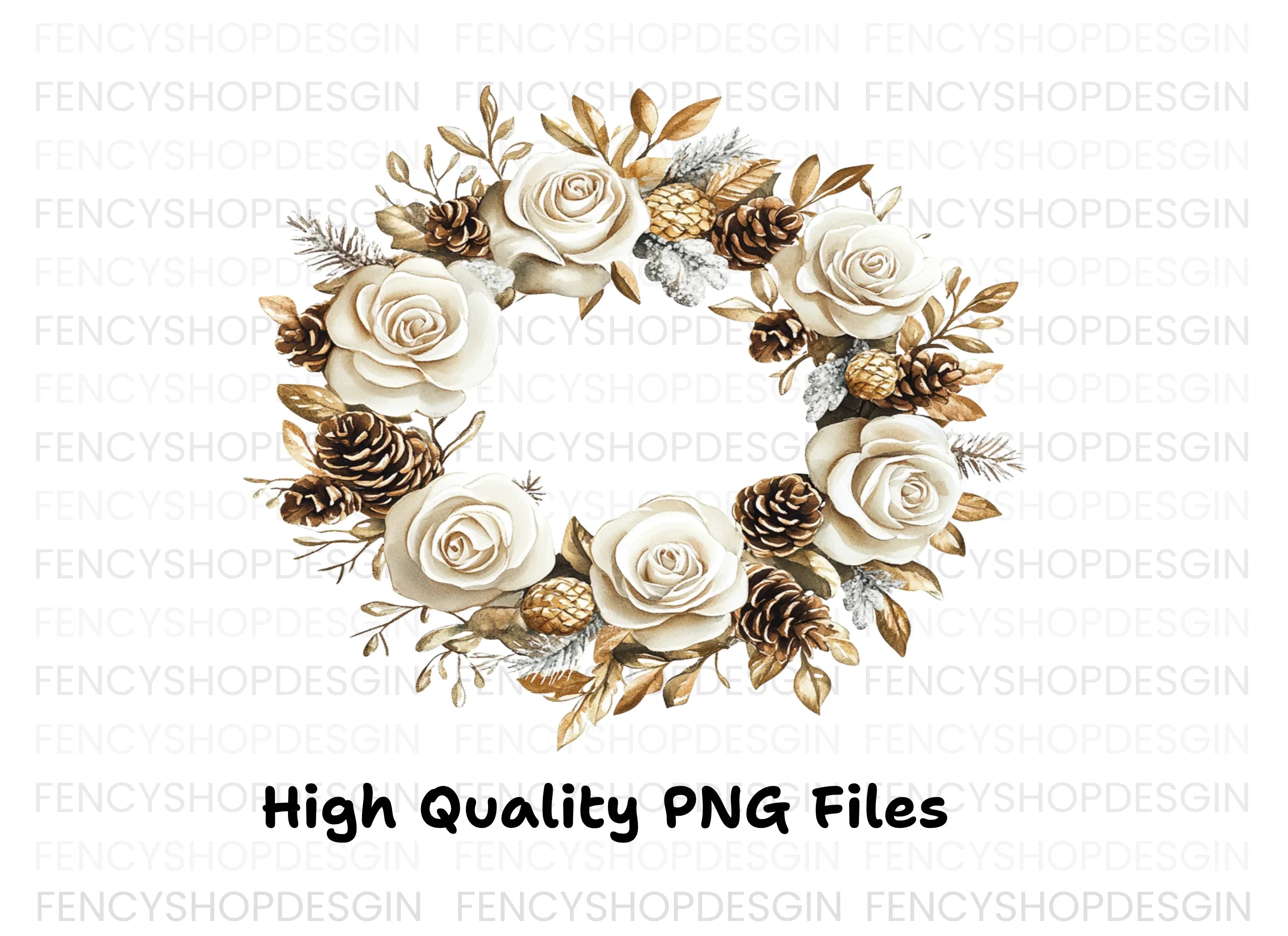 Elegant Winter White Rose Wreath Clipart Bundle