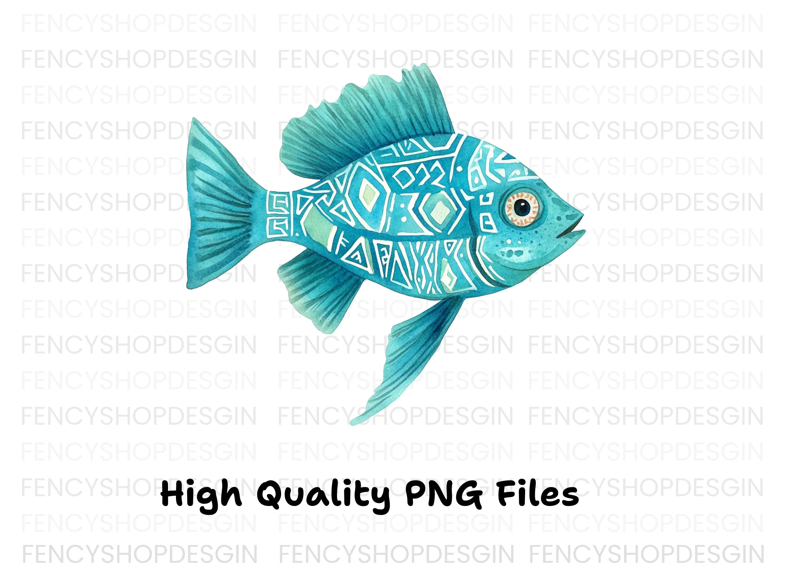 Blue Tribal Pattern Fish Clipart Bundle