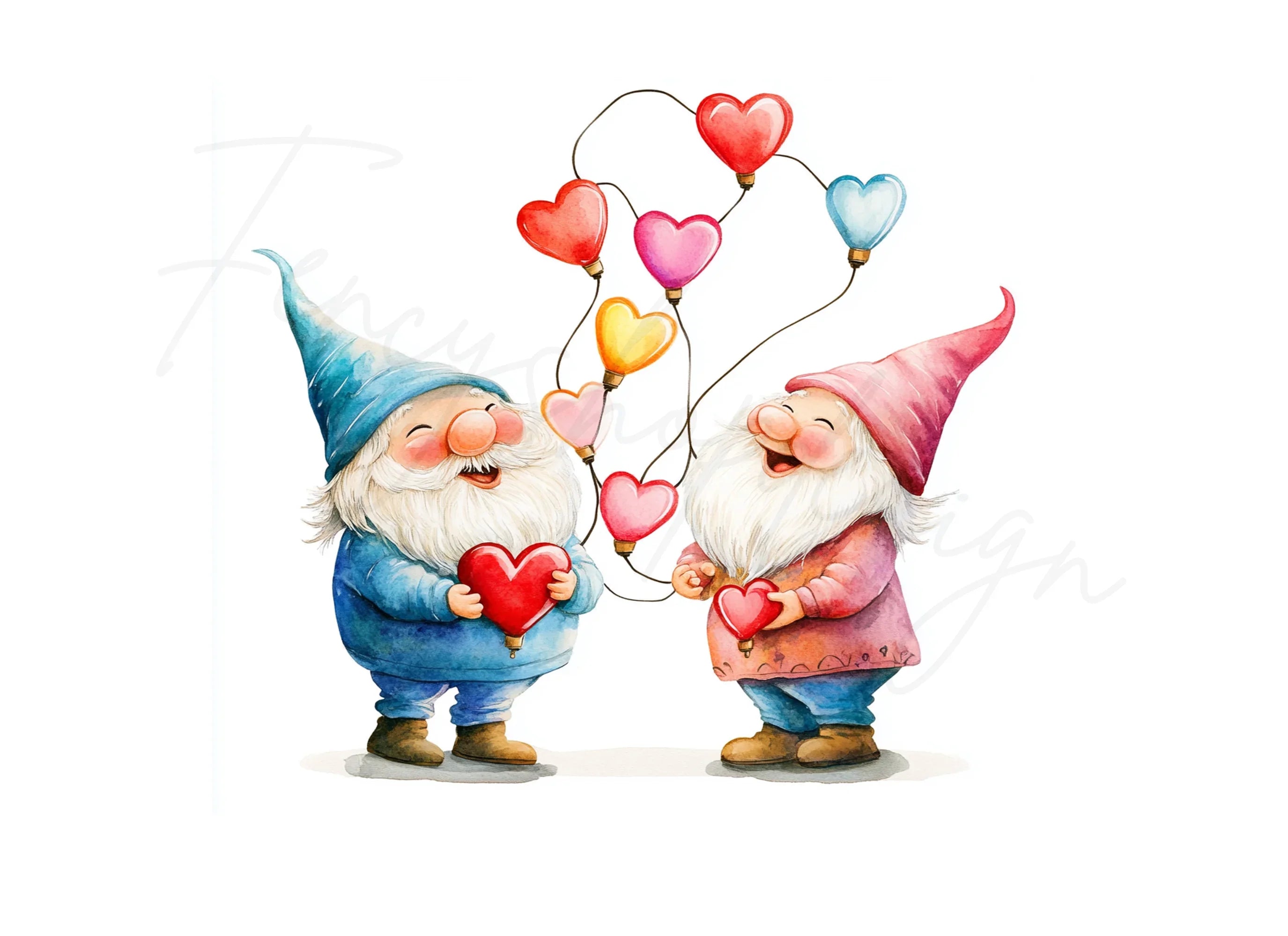 Happy Gnomes with Heart String Lights Clipart Bundle