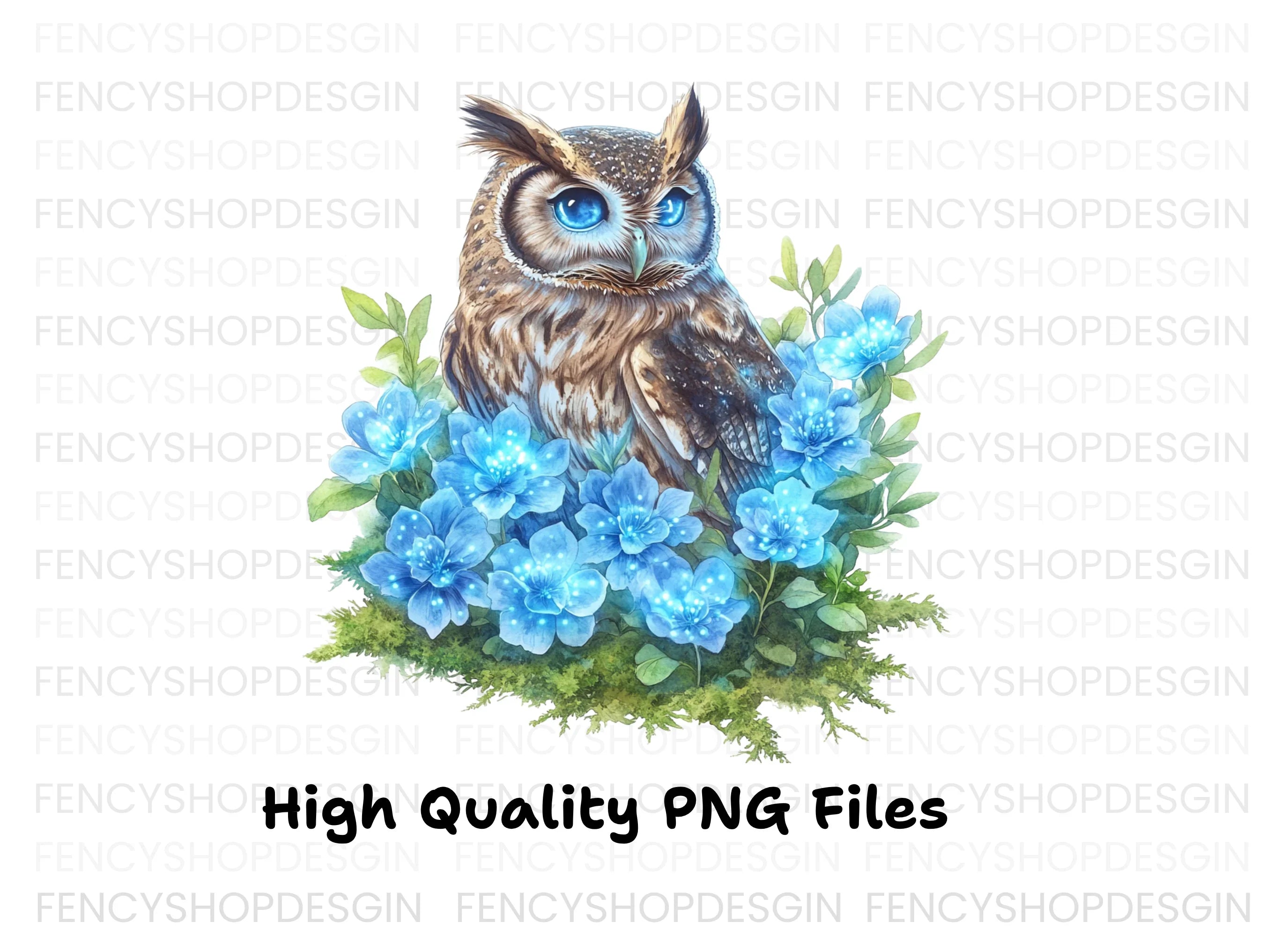 Enchanted Owl with Glowing Blue Flowers Clipart Bundle