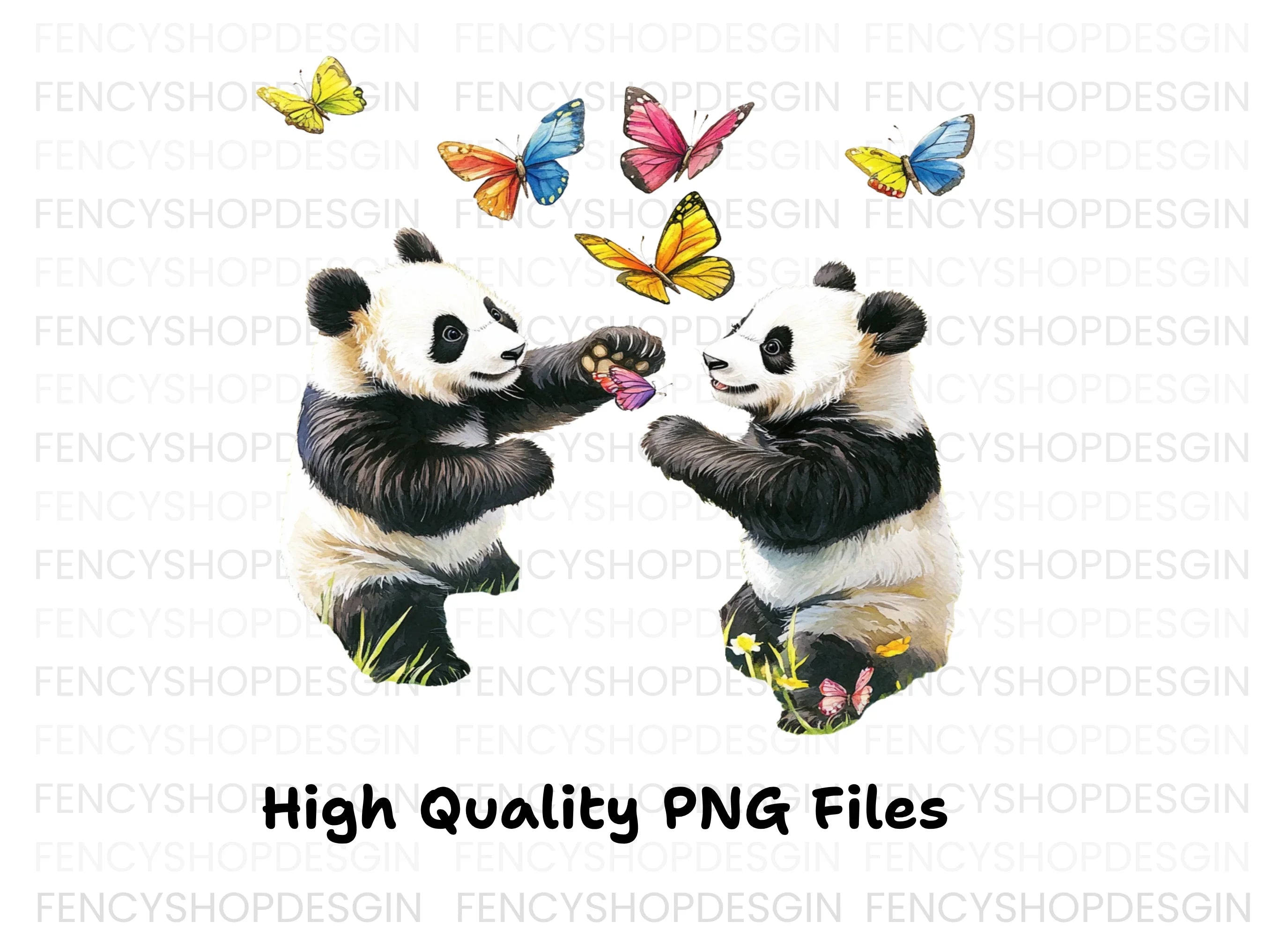 Cute Pandas Playing With Butterflies Clipart Bundle