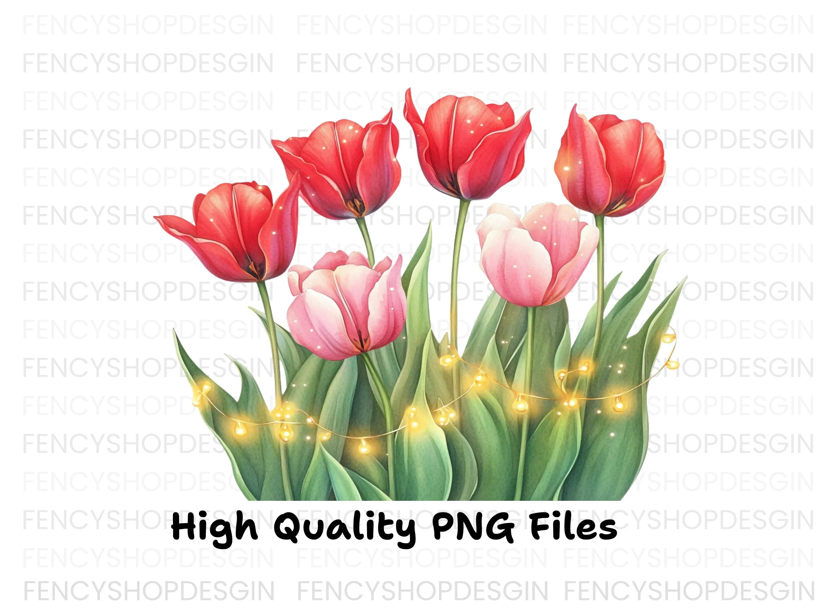Tulip Bouquet with Fairy Lights Clipart Bundle