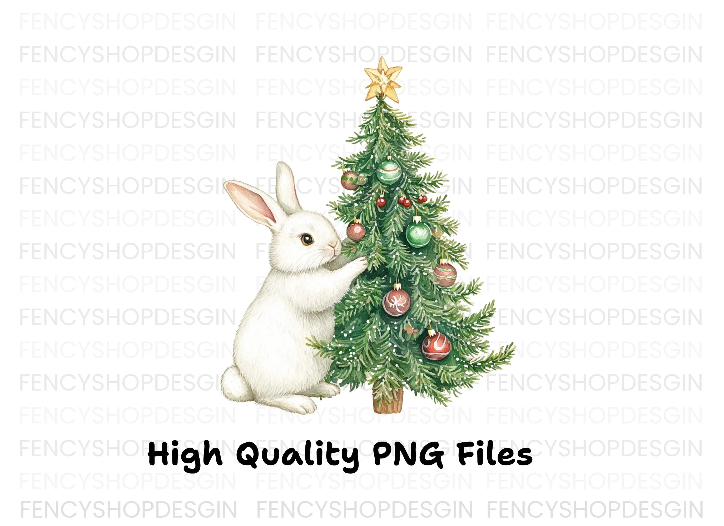 White Bunnies Decorating Christmas Tree Clipart Bundle