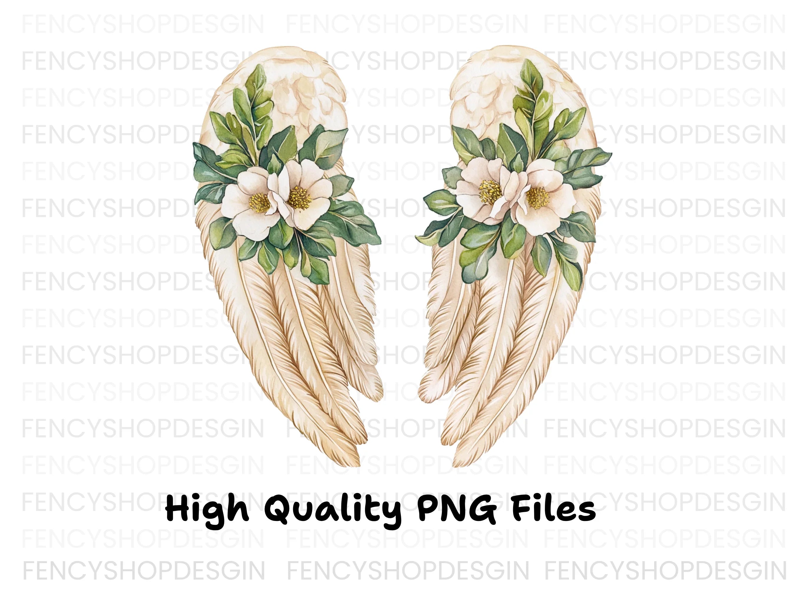 Elegant Angel Wings with White Flowers Clipart Bundle