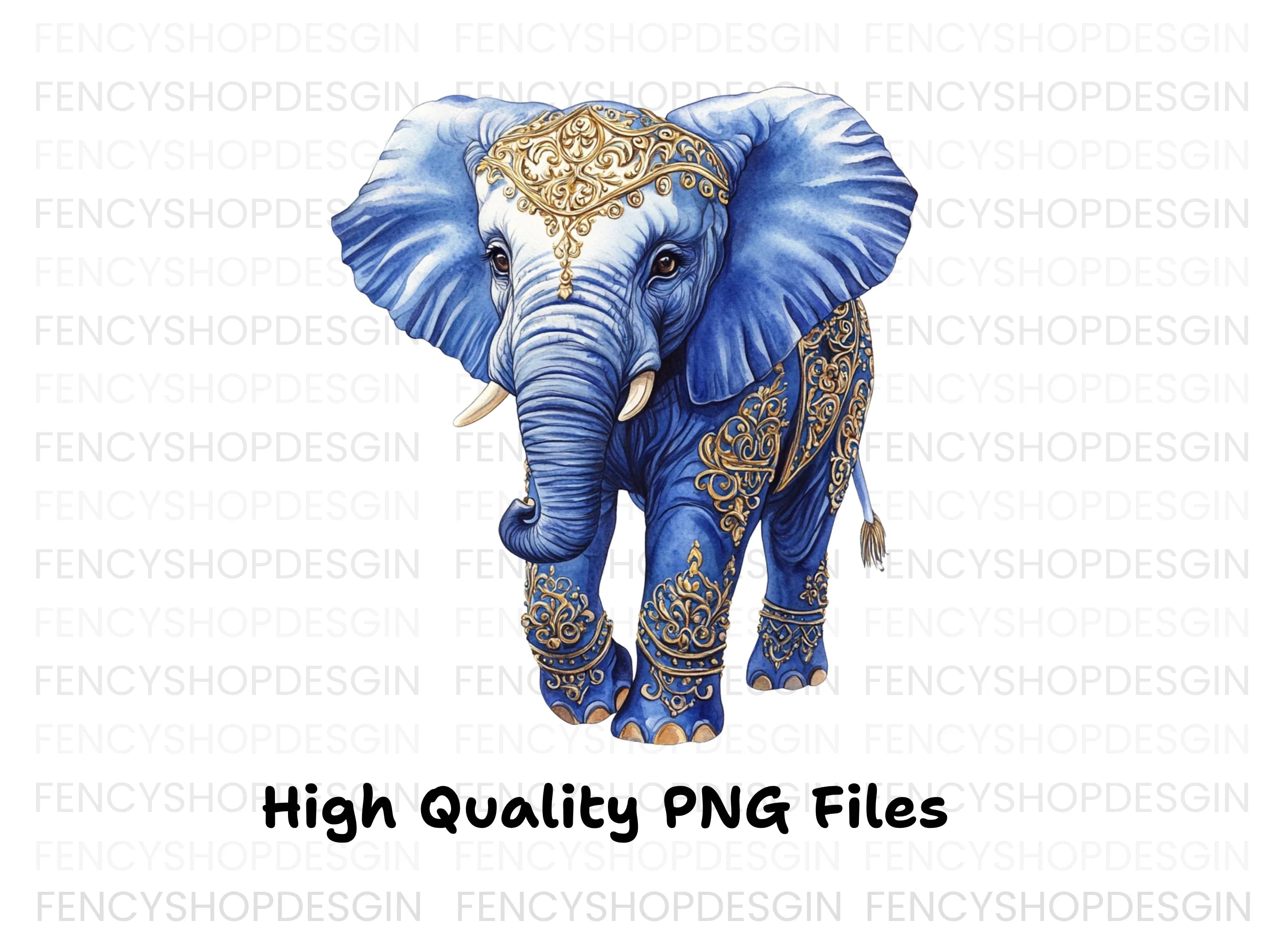 Blue Gold Ornate Elephant Clipart Bundle