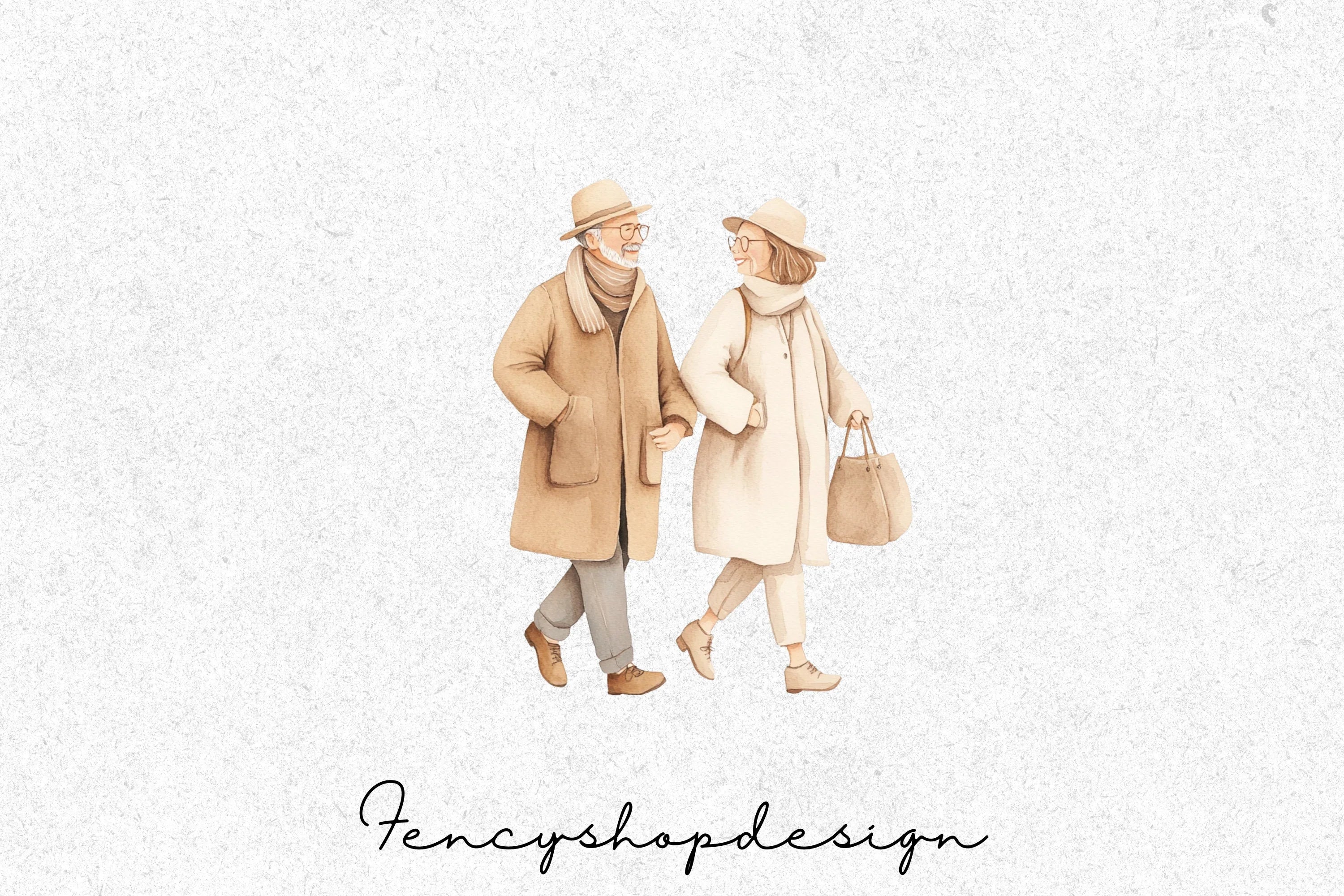 Elderly Couples Walking Clipart Bundle