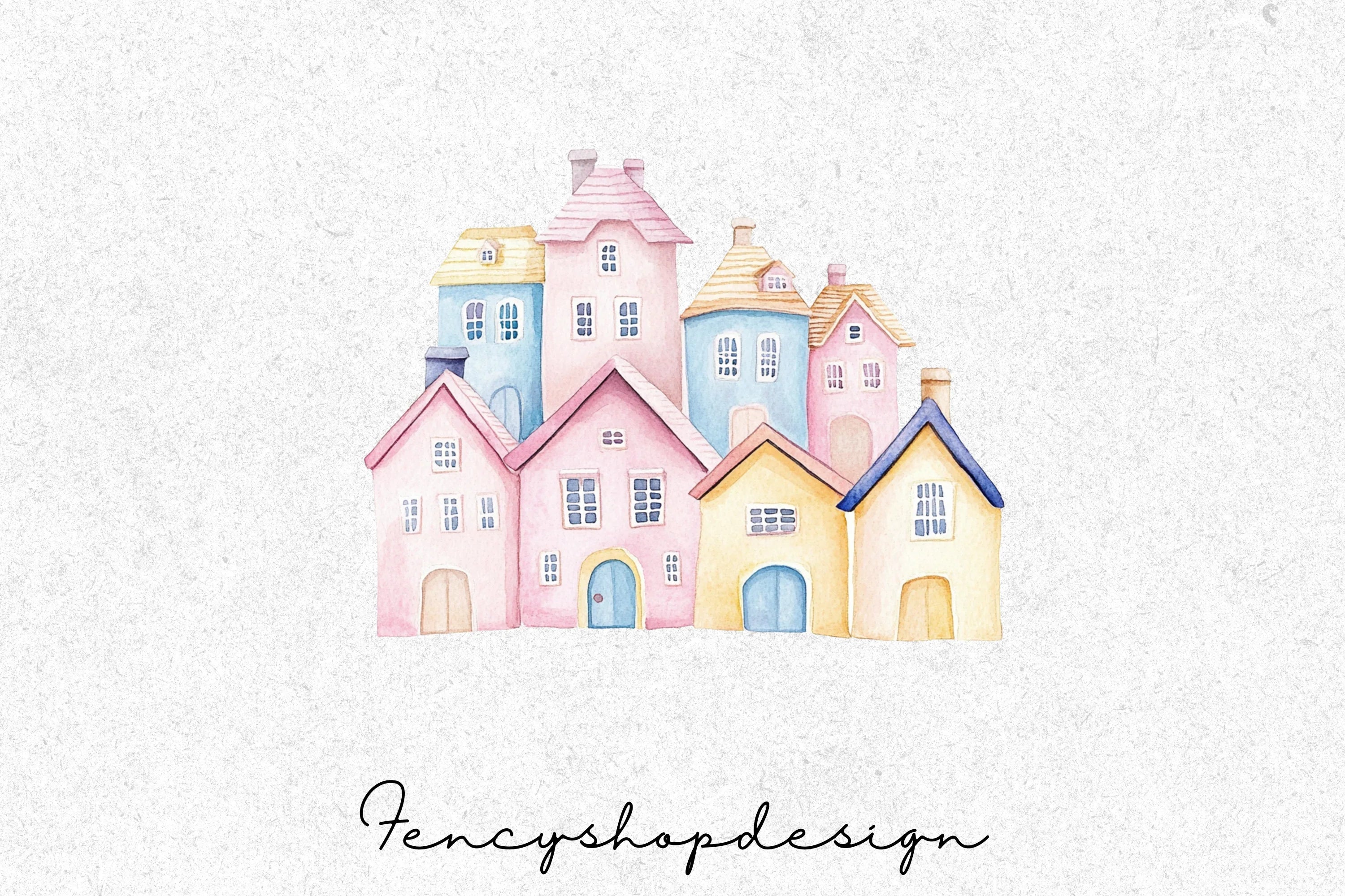 Pastel Houses Village Clipart Bundle