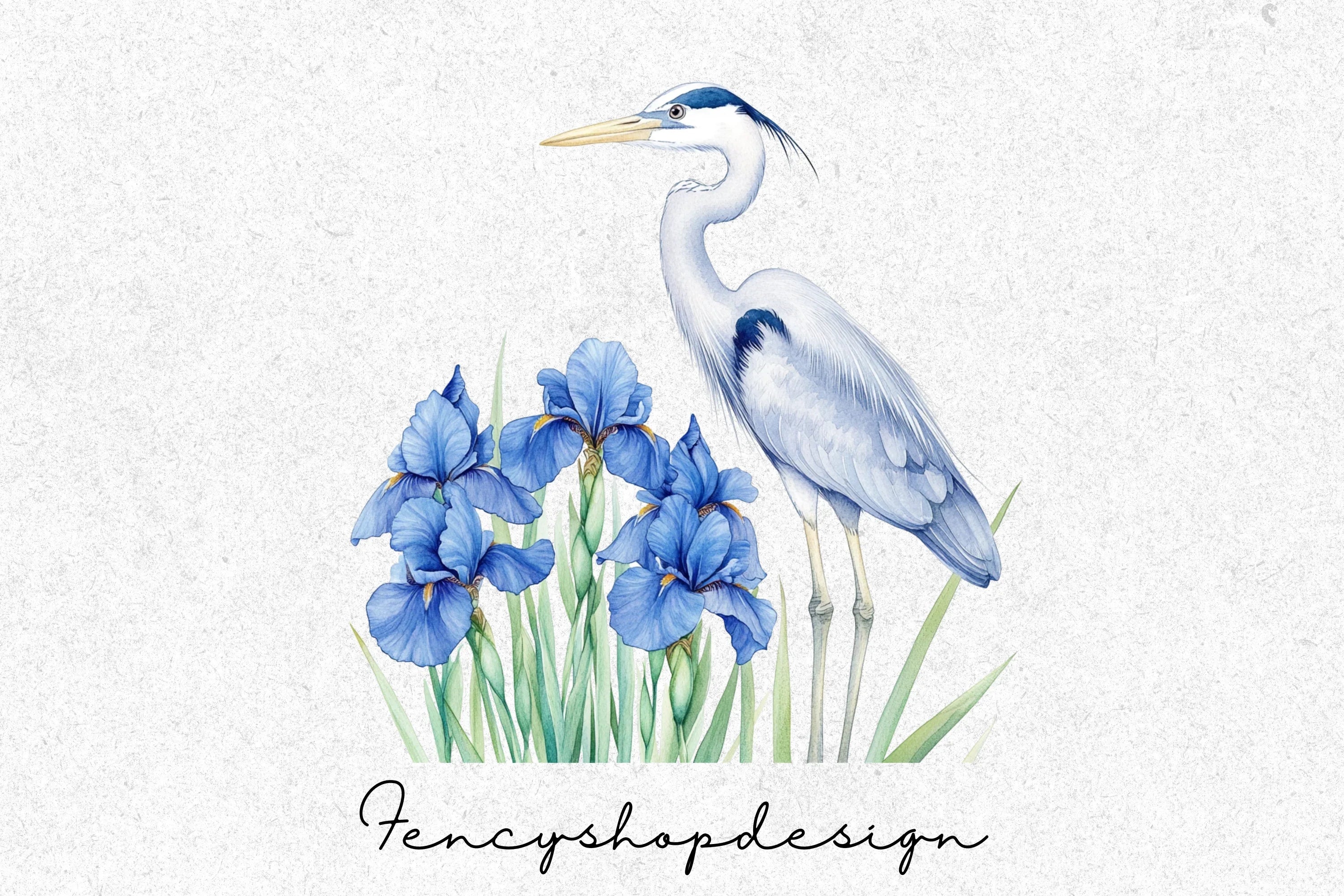 Graceful Heron and Iris Floral Clipart Bundle