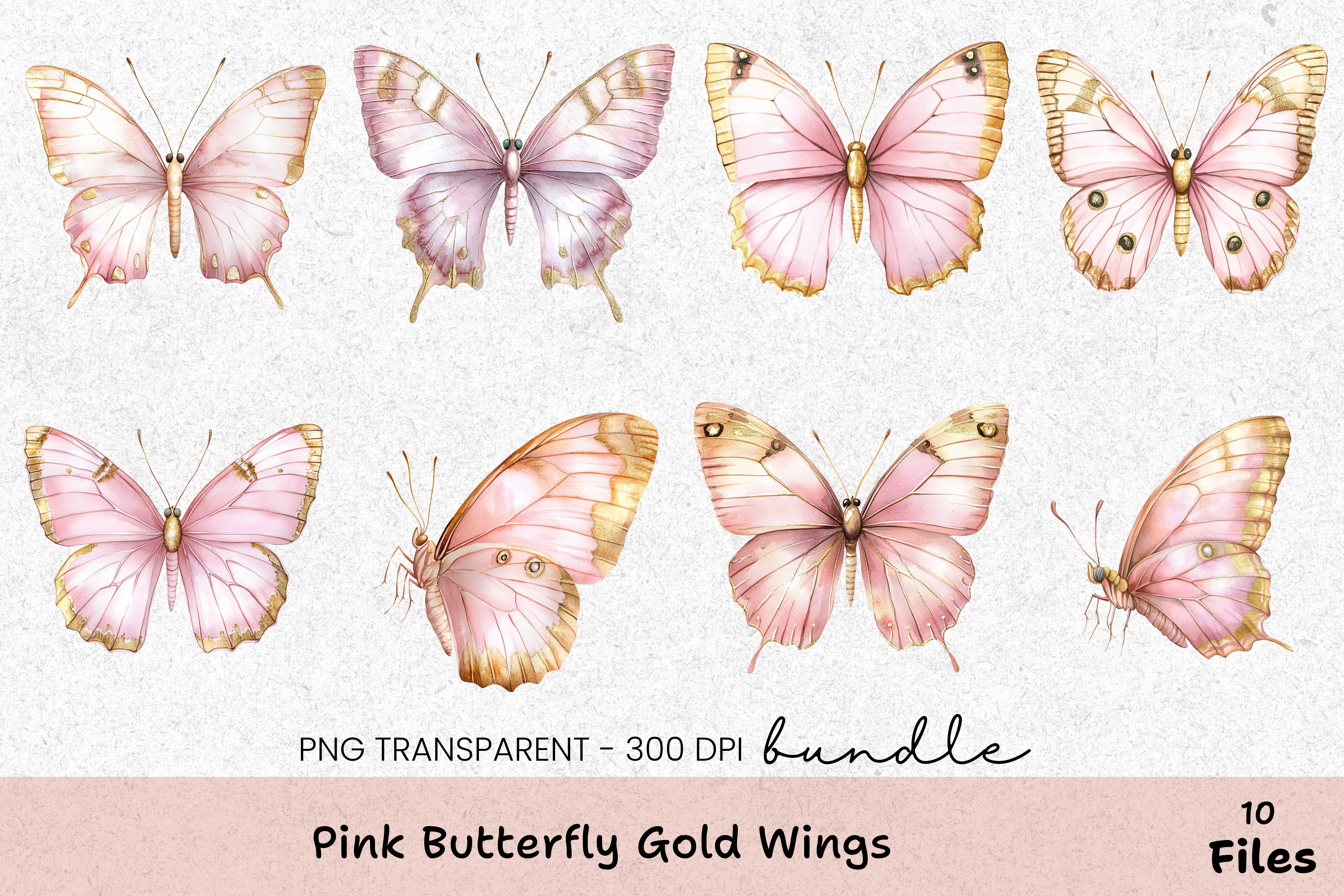 Pink Butterfly Gold Wings Clipart Bundle