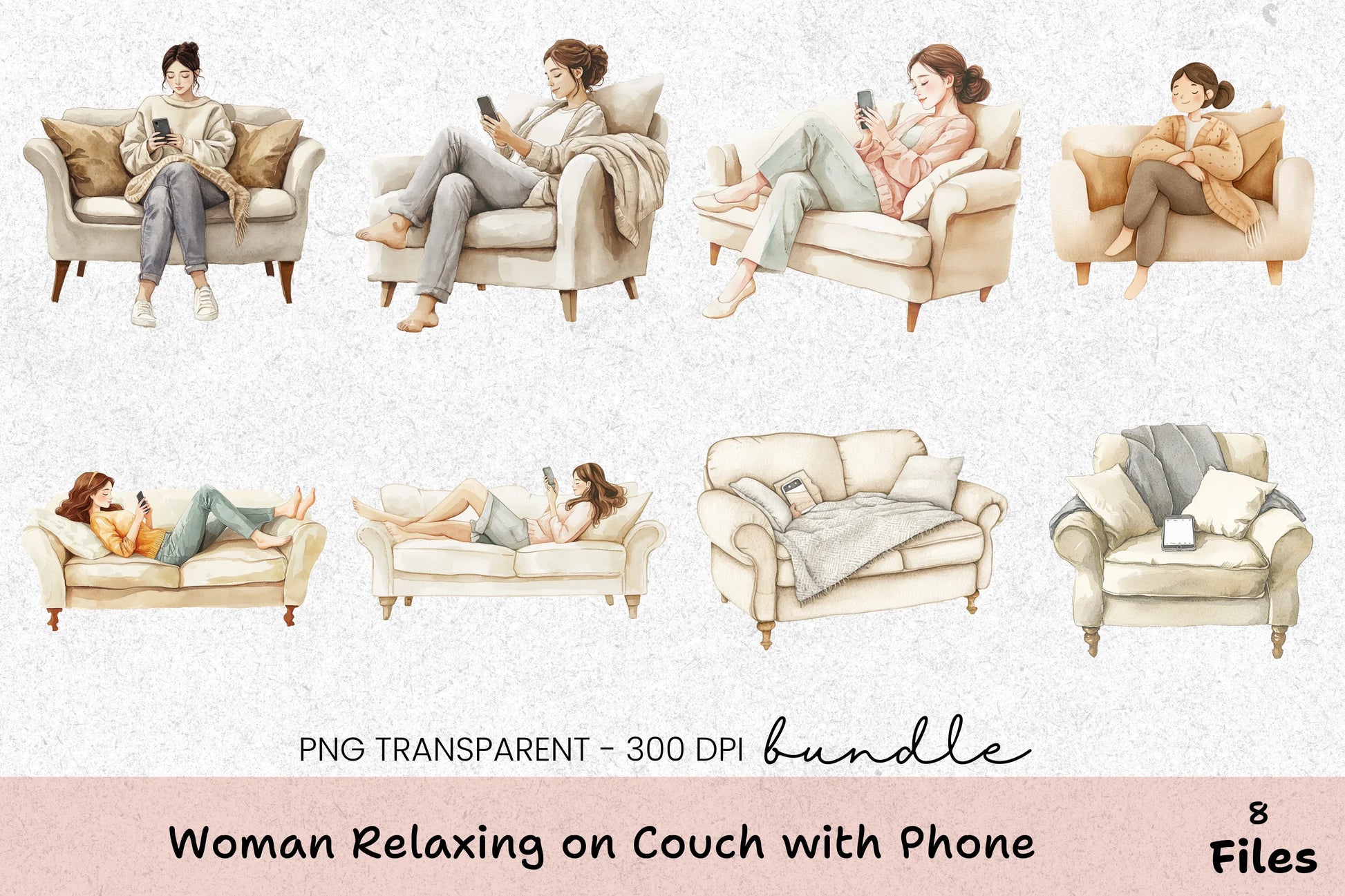 Relaxing Woman on Couch with Phone Clipart Bundle - CraftNest - Digital Crafting and Art