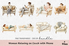 Relaxing Woman on Couch with Phone Clipart Bundle - CraftNest - Digital Crafting and Art