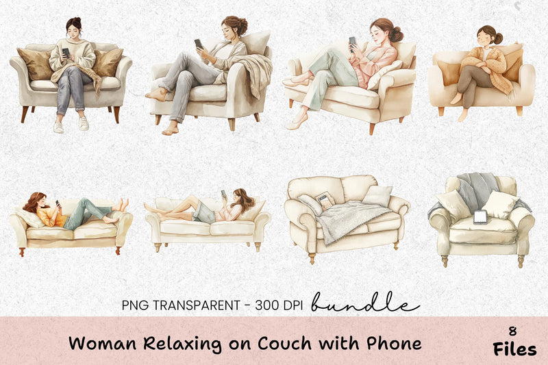 Relaxing Woman on Couch with Phone Clipart Bundle - CraftNest - Digital Crafting and Art