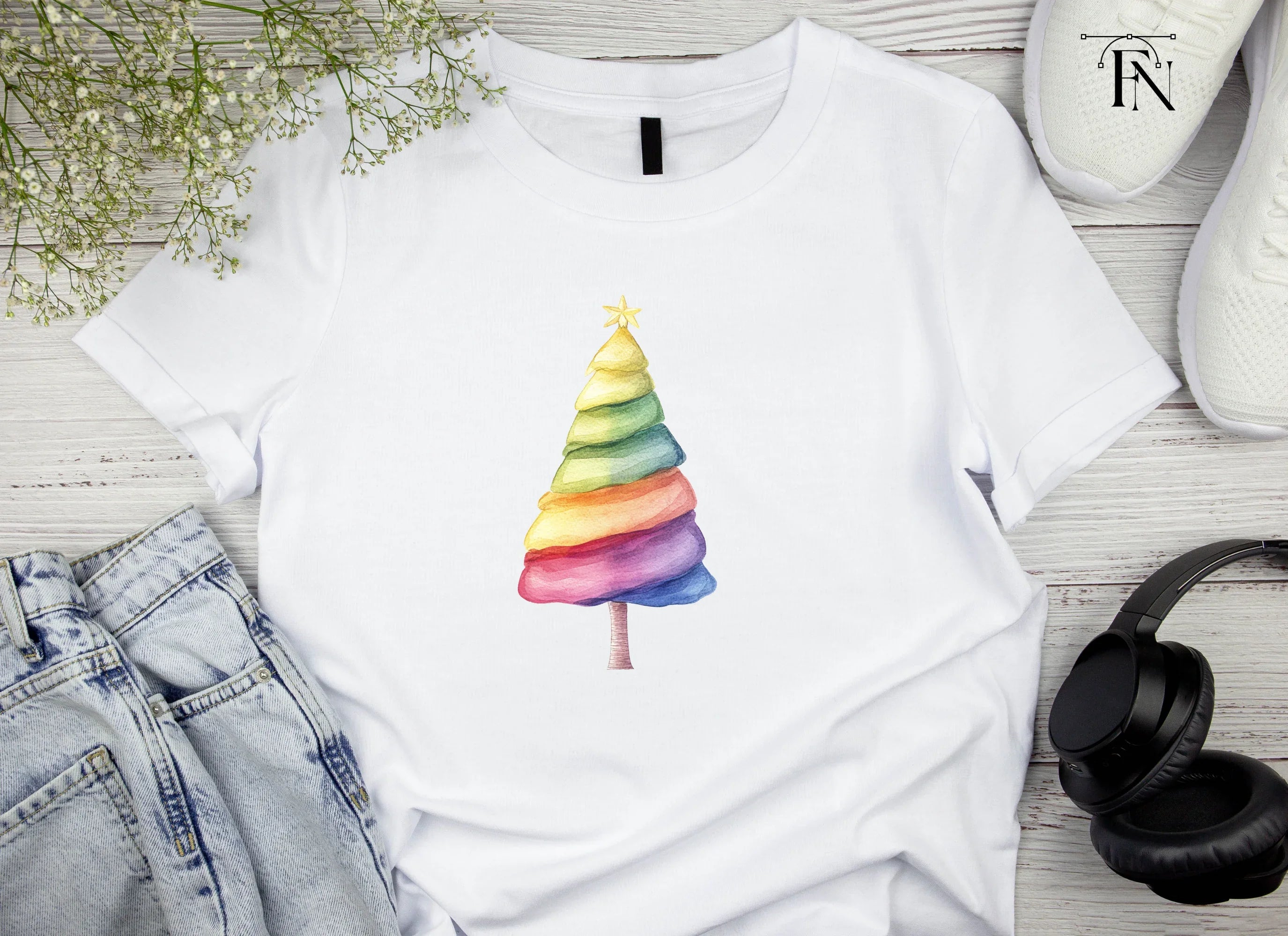 Hand Painted Rainbow Christmas Tree Clipart Bundle