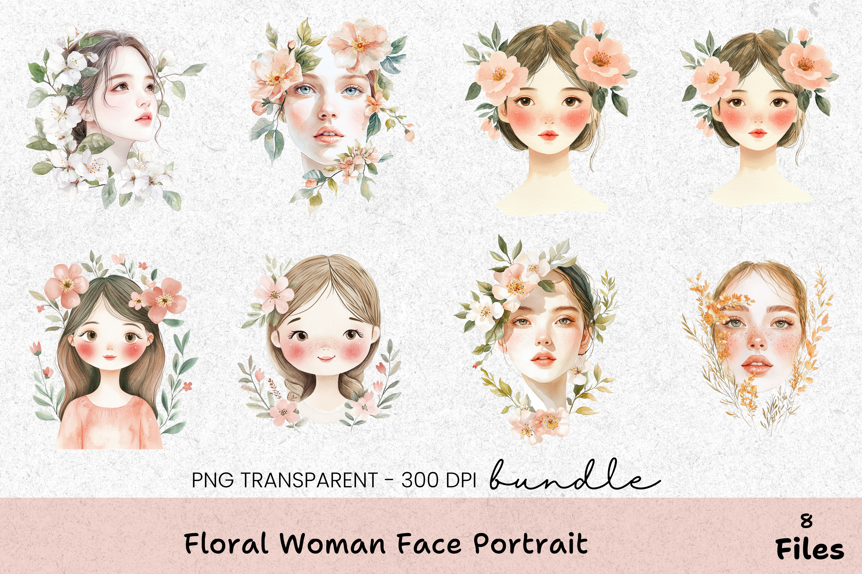 Floral Woman Face Portrait Clipart Bundle