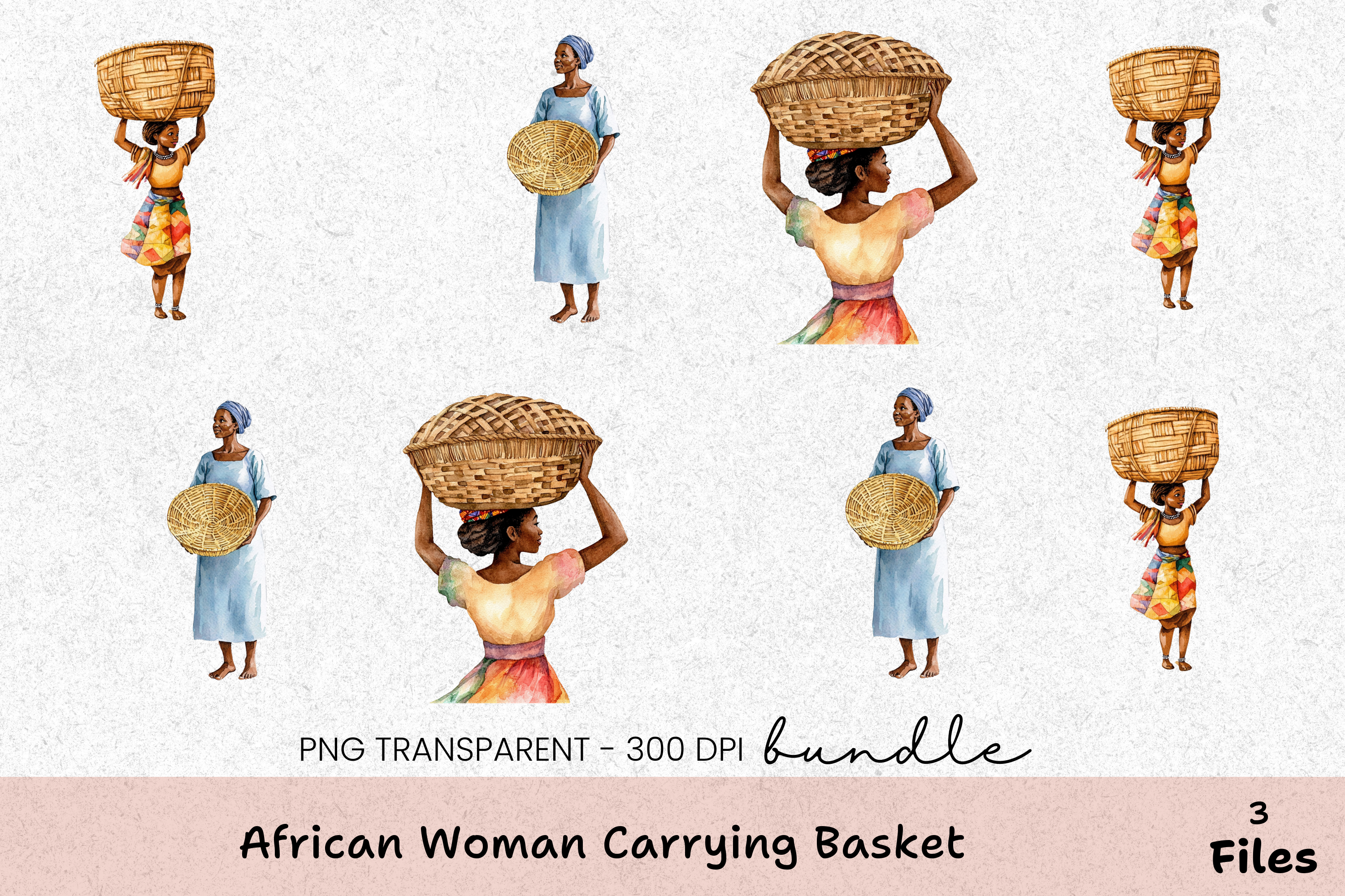 African Woman Carrying Basket Clipart Bundle