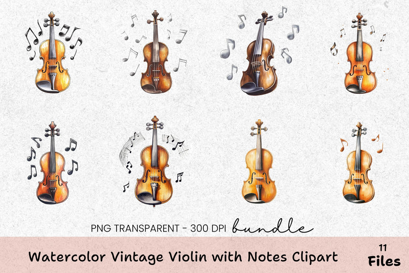 Vintage Violin Clipart Bundle with Musical Notes - CraftNest - Digital Crafting and Art