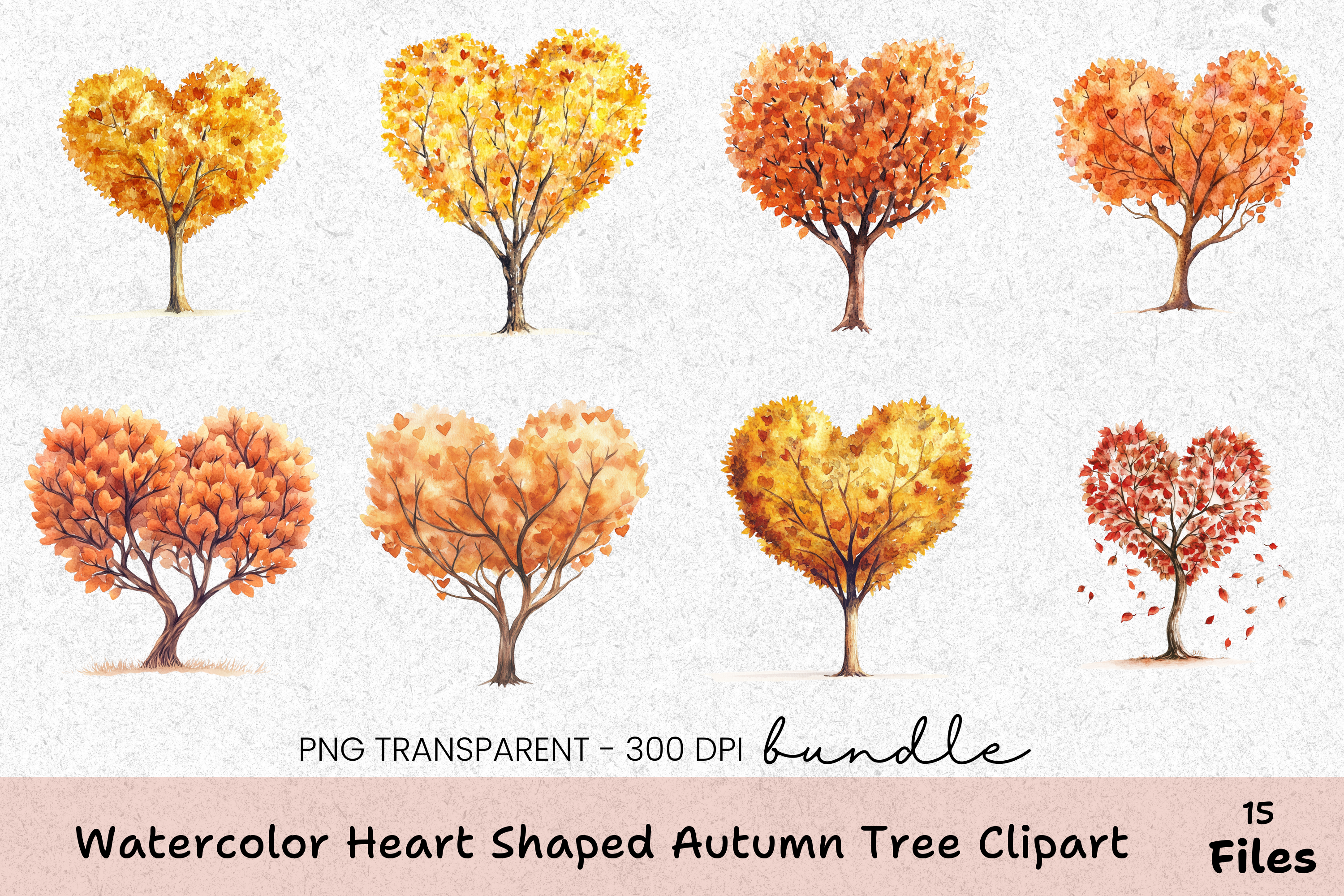 Heart Shaped Autumn Tree Clipart Bundle