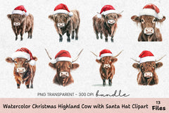 Christmas Highland Cow with Santa Hat Clipart Bundle - CraftNest - Digital Crafting and Art