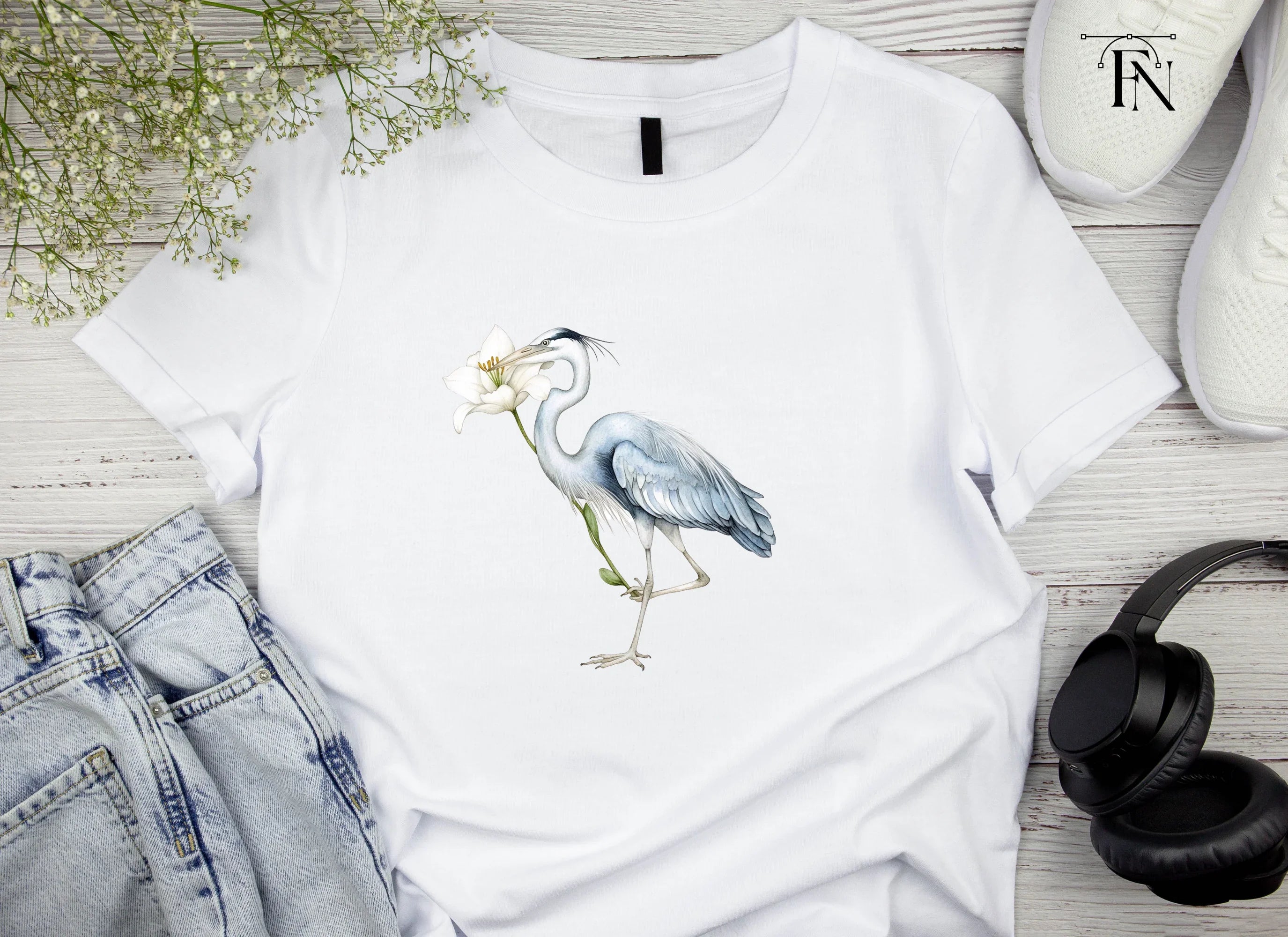 Heron with White Lily Flower Clipart Bundle