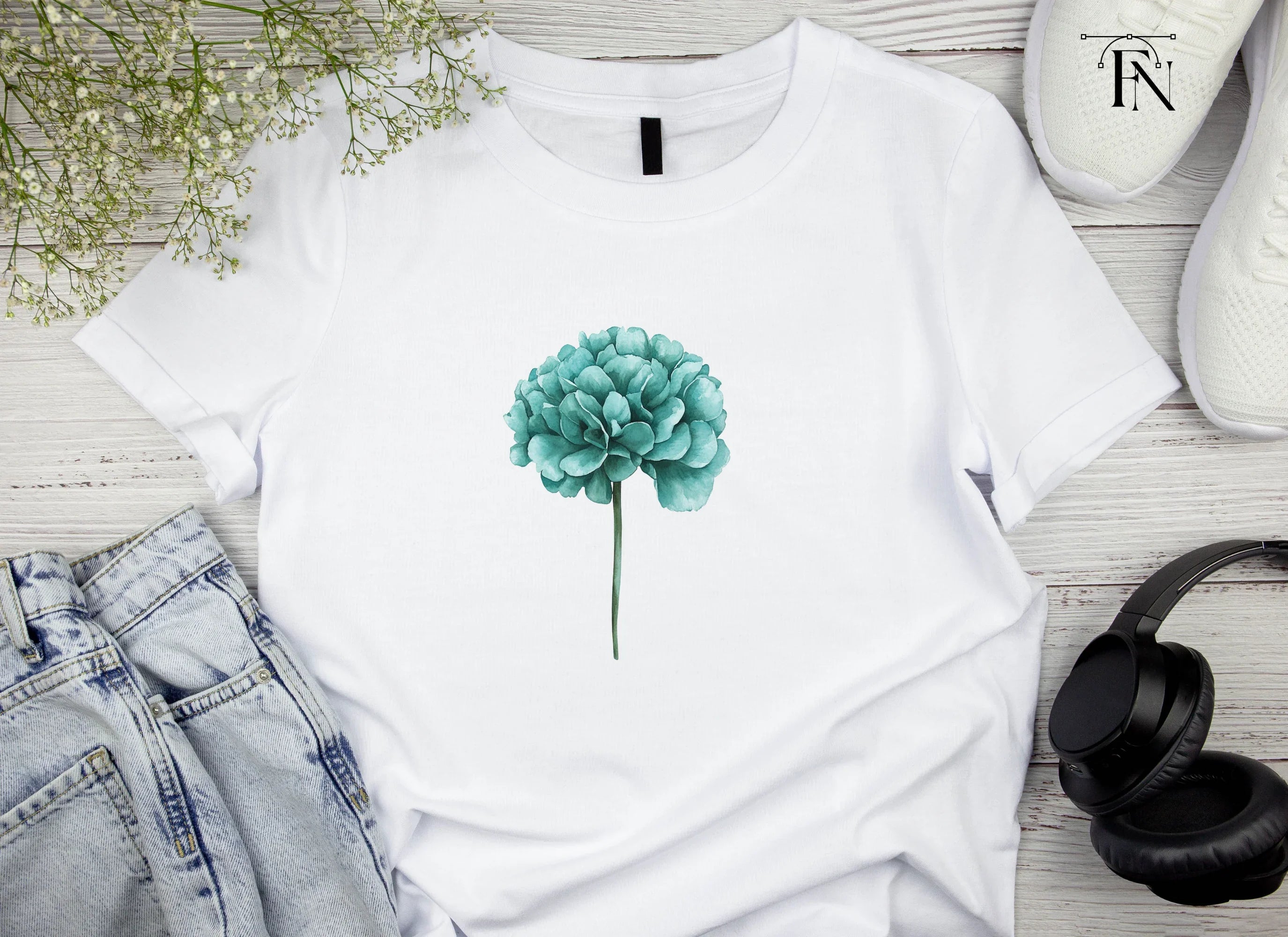 Teal Peony Flower Clipart Bundle