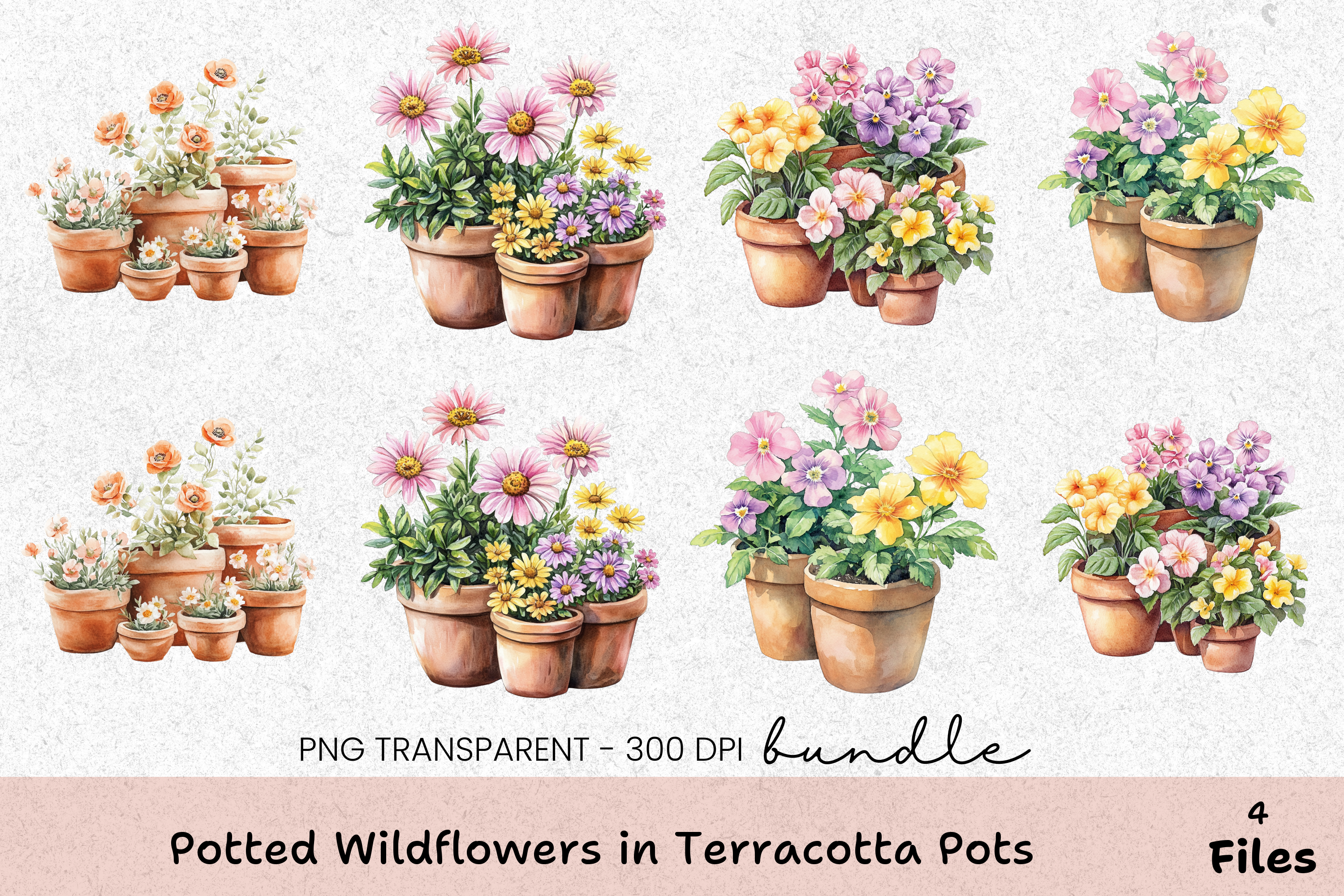 Potted Wildflowers in Terracotta Pots Clipart Bundle