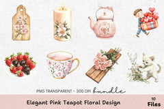 Elegant Pink Floral Teapot Clipart Bundle - CraftNest - Digital Crafting and Art