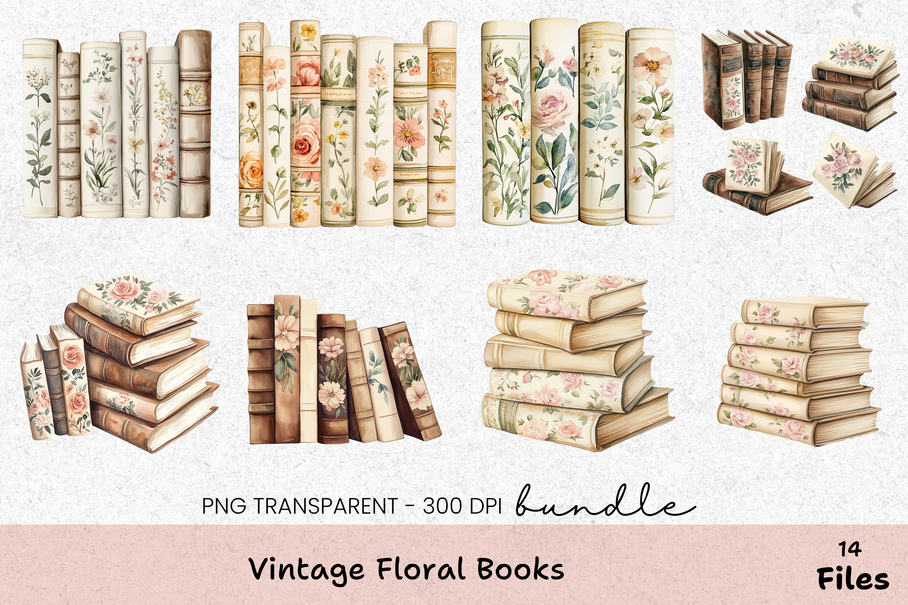 Vintage Floral Books Clipart Bundle