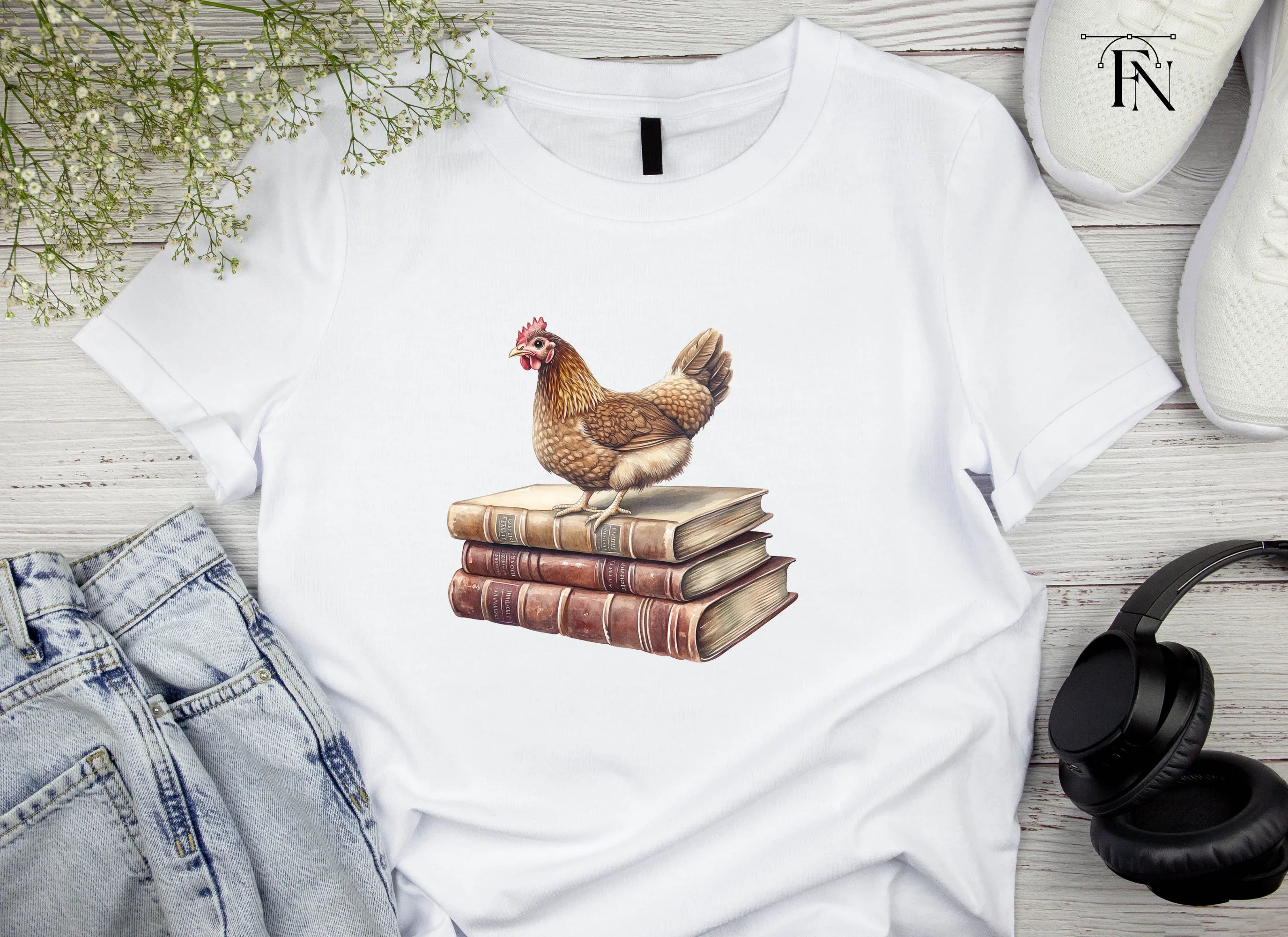 Brown Chickens on Vintage Books Clipart Bundle