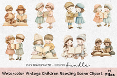 Vintage Children Reading Scene Clipart Bundle - CraftNest - Digital Crafting and Art