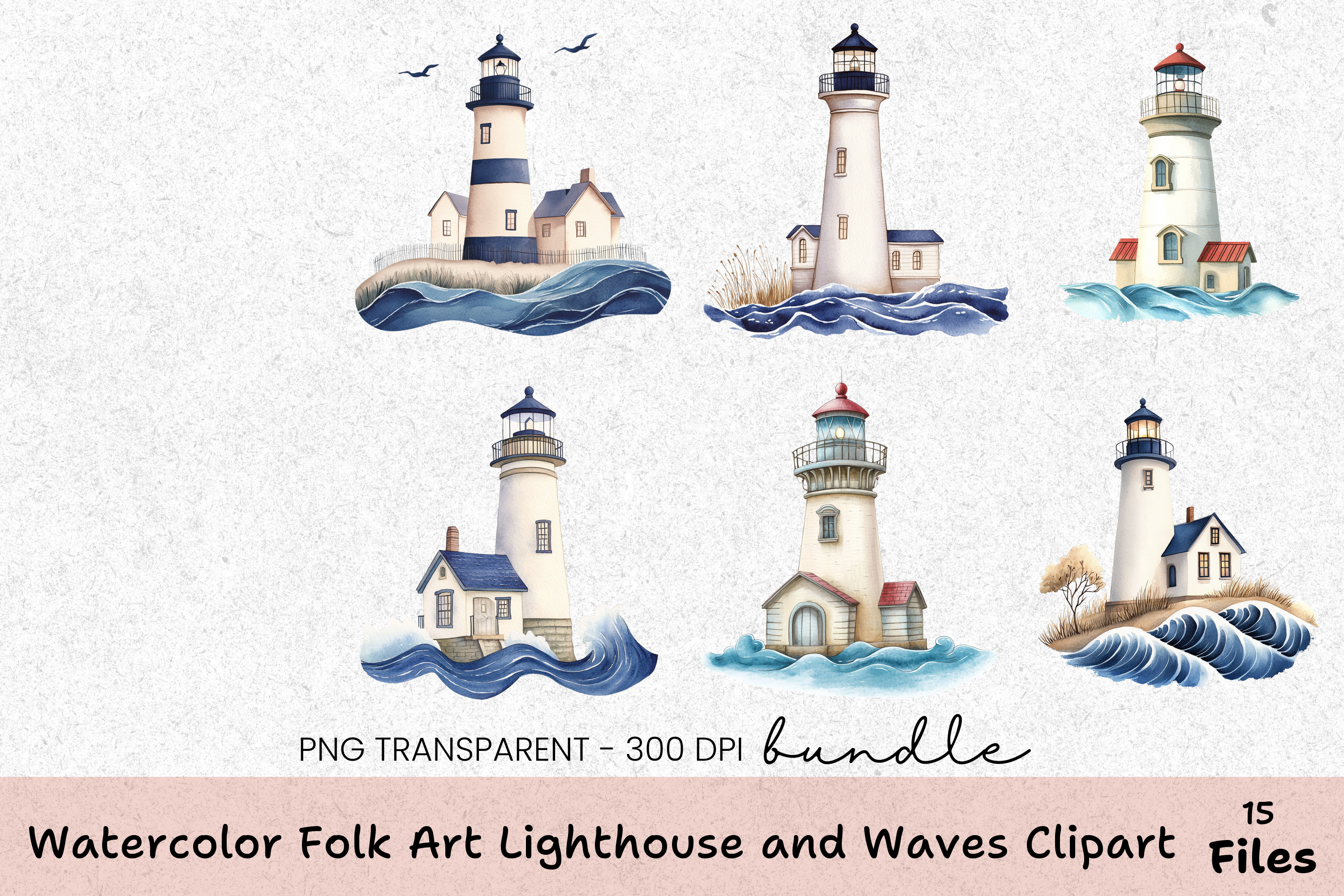 Folk Art Lighthouse and Waves Clipart Bundle