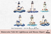 Folk Art Lighthouse and Waves Clipart Bundle