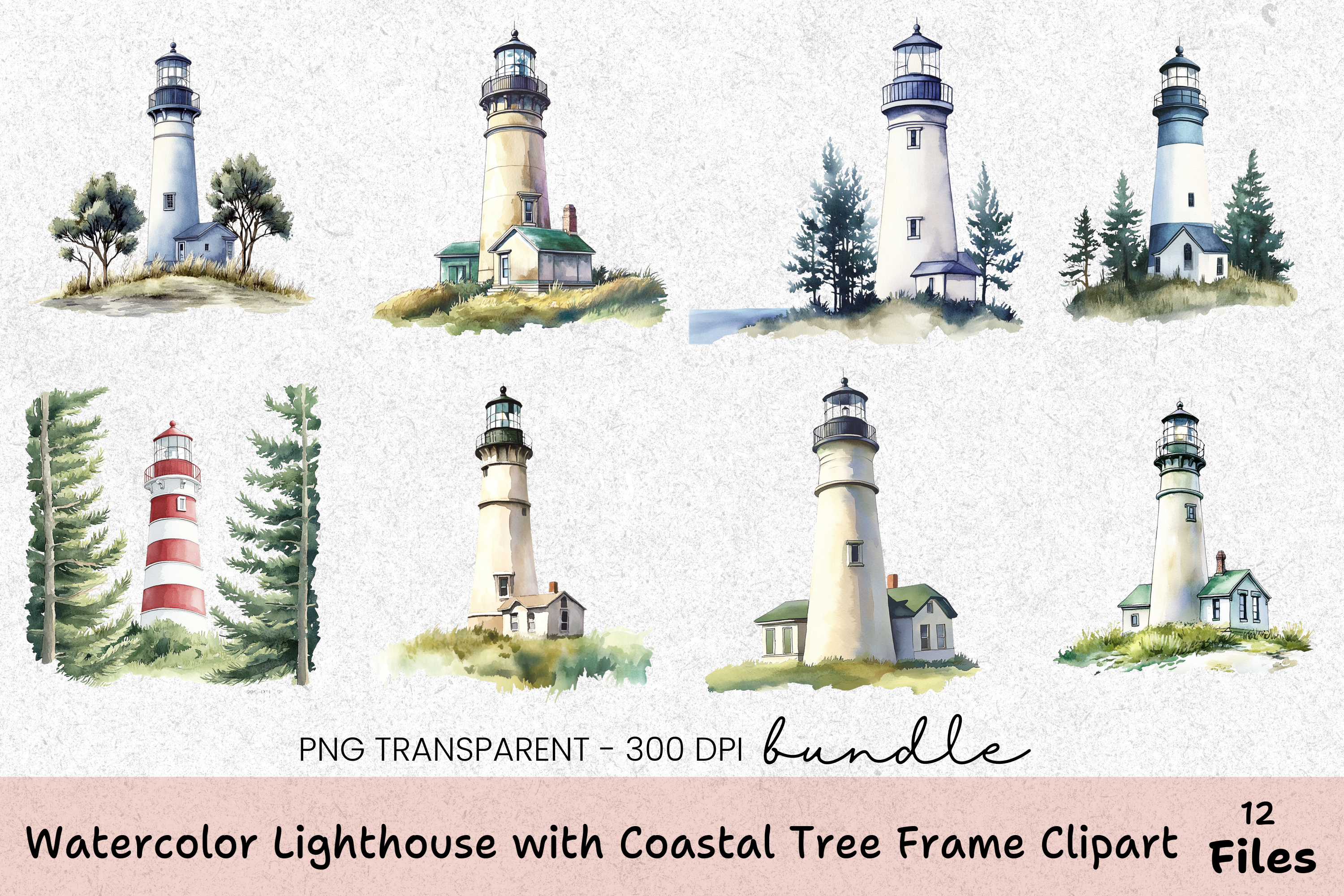 Lighthouse with Coastal Tree Frame Clipart Bundle